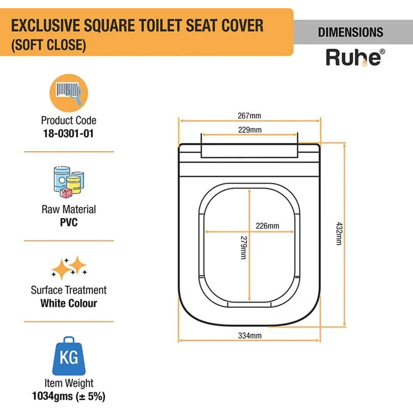 Ruhe Exclusive Soft Close Square Toilet Seat Cover - White| Quiet, Noise Proof Soft-Closing Seat Cover For Western Commode | Easy Installation