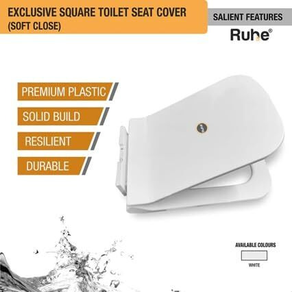 Ruhe Exclusive Soft Close Square Toilet Seat Cover - White| Quiet, Noise Proof Soft-Closing Seat Cover For Western Commode | Easy Installation