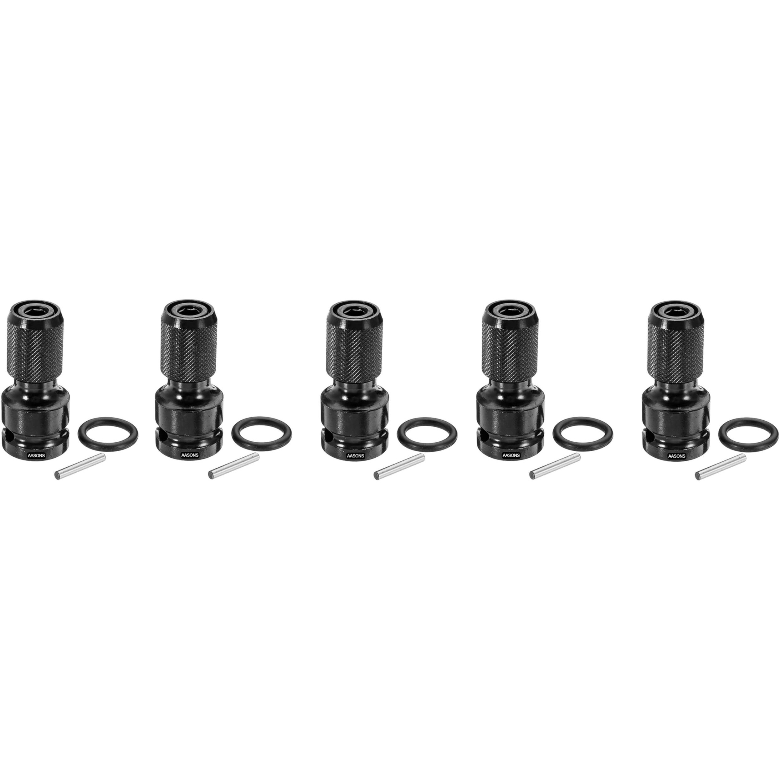 Aasons 1/2 Inch Square Drive To 1/4 Inch Hex Female Socket Adapter Quick Release Chuck Converter Drill Chucks Adaptor Conversion For Impact And Ratchet Wrench Sd With Ring & Rod Included (Pack Of 5)