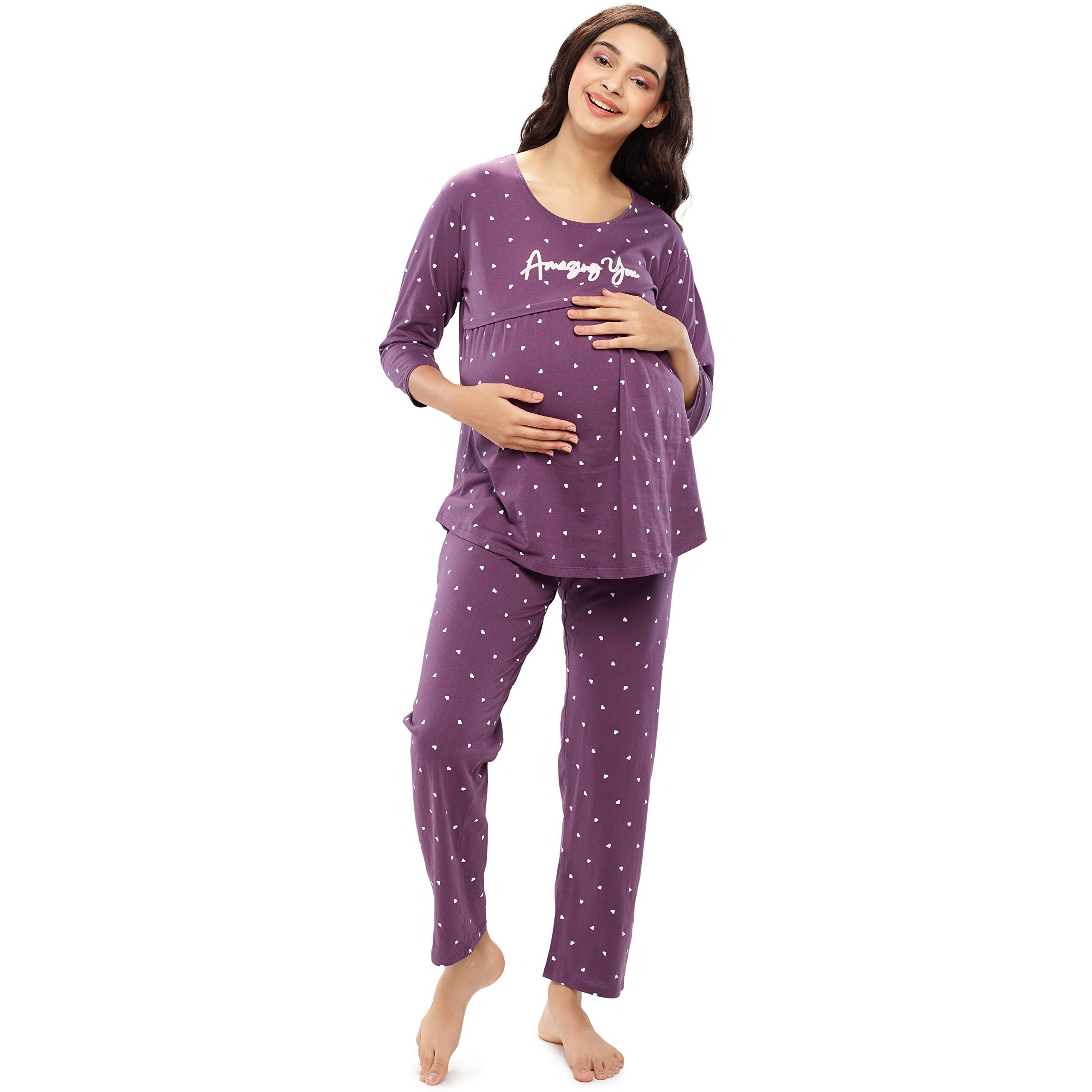 Zeyo Women's Cotton Heart Printed Purple Maternity & Feeding Night Suit Pajama Set Of Top & Pyjama Nursing Night Dress 5629