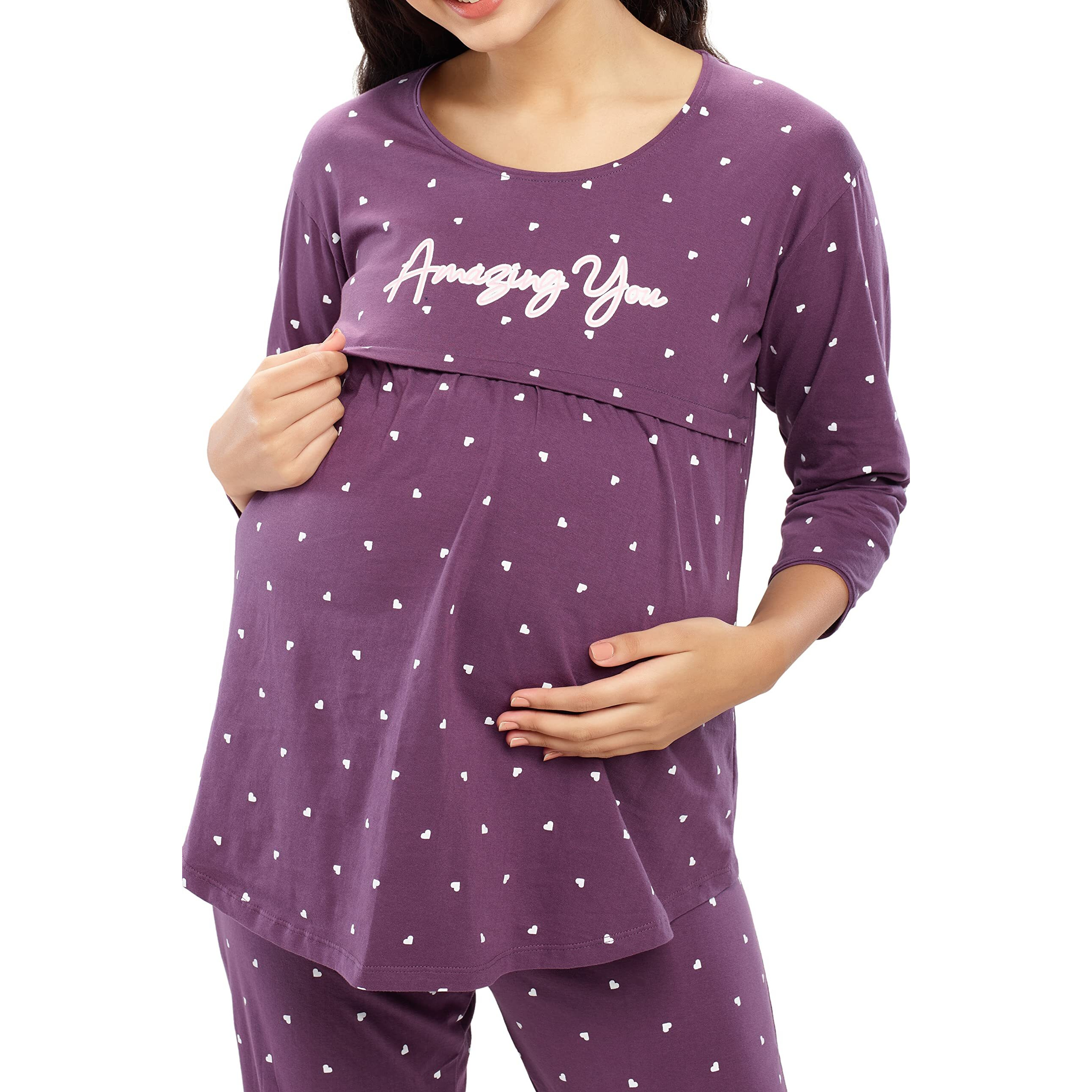 Zeyo Women's Cotton Heart Printed Purple Maternity & Feeding Night Suit Pajama Set Of Top & Pyjama Nursing Night Dress 5629