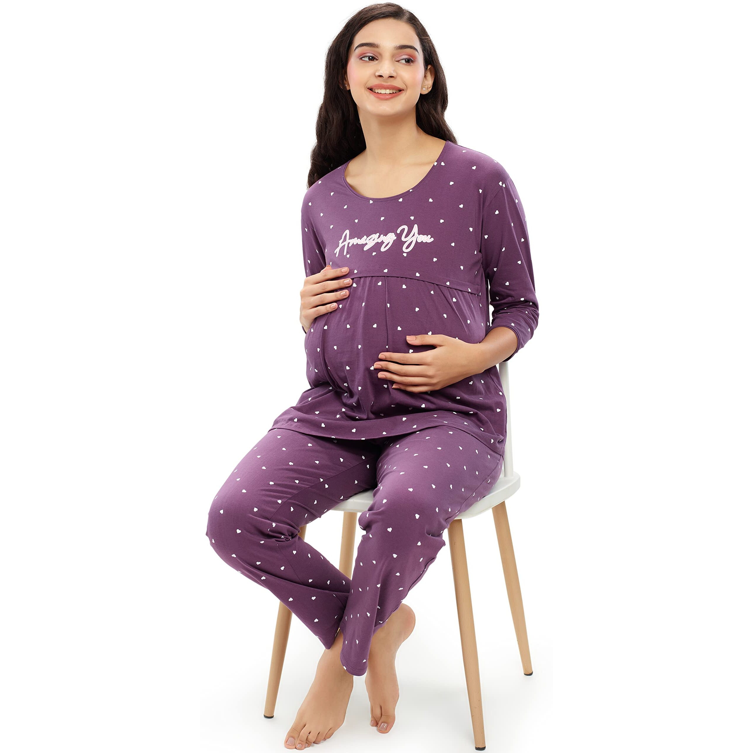 Zeyo Women's Cotton Heart Printed Purple Maternity & Feeding Night Suit Pajama Set Of Top & Pyjama Nursing Night Dress 5629