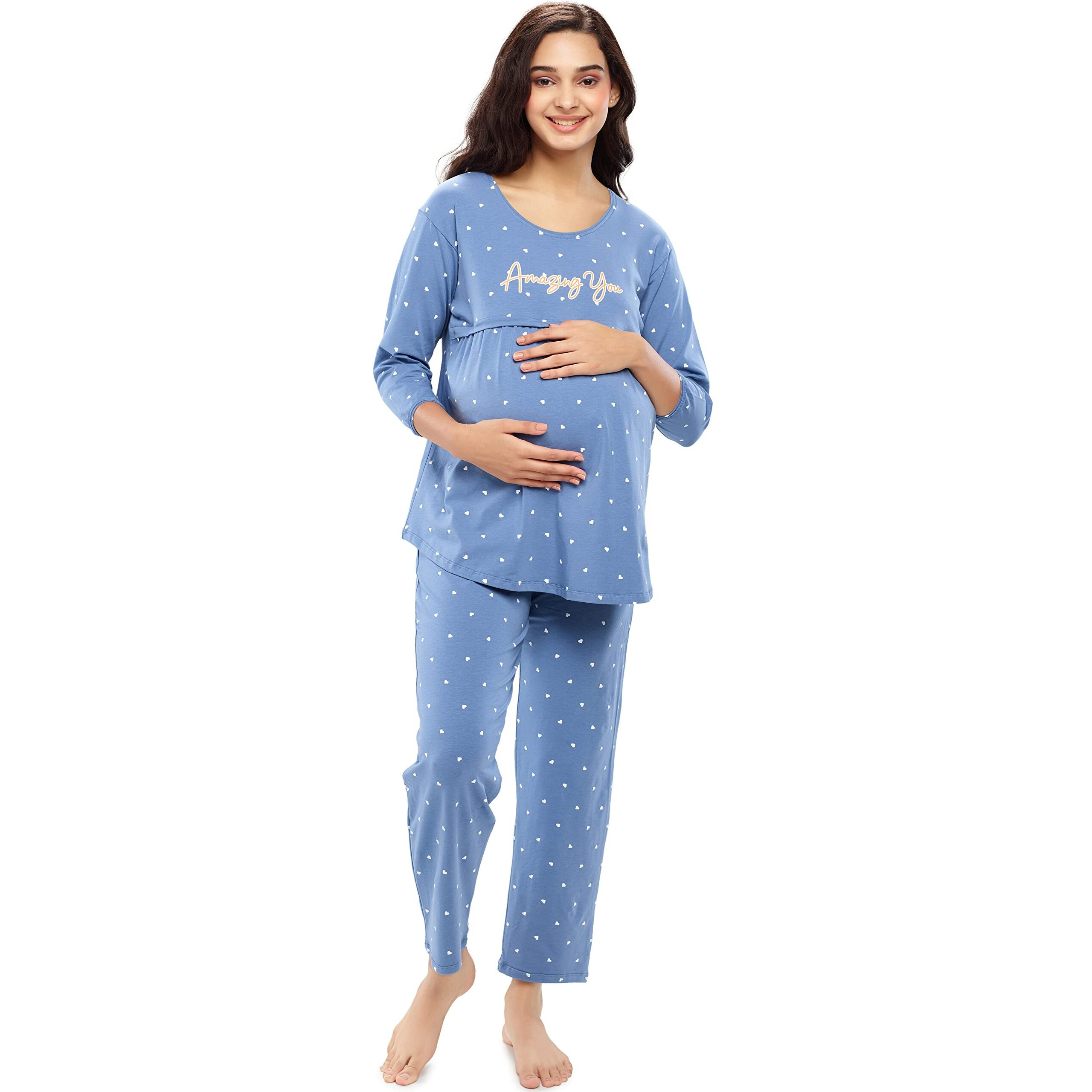 Zeyo Women's Cotton Heart Printed Sky Blue Maternity & Feeding Night Suit Set Top & Pajama Set Nursing Night Dress 5629 (2Xl)