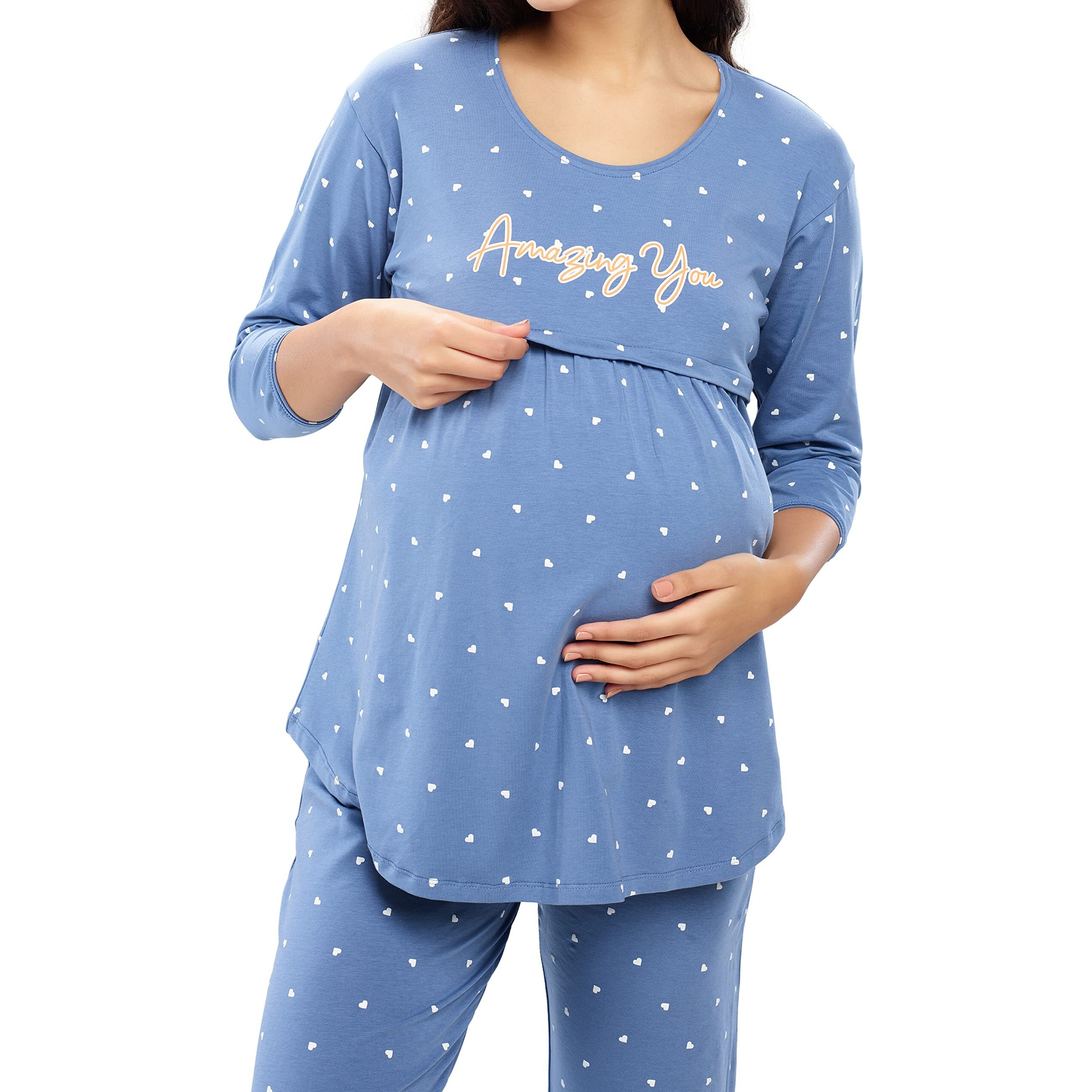 Zeyo Women's Cotton Heart Printed Sky Blue Maternity & Feeding Night Suit Set Top & Pajama Set Nursing Night Dress 5629 (2Xl)