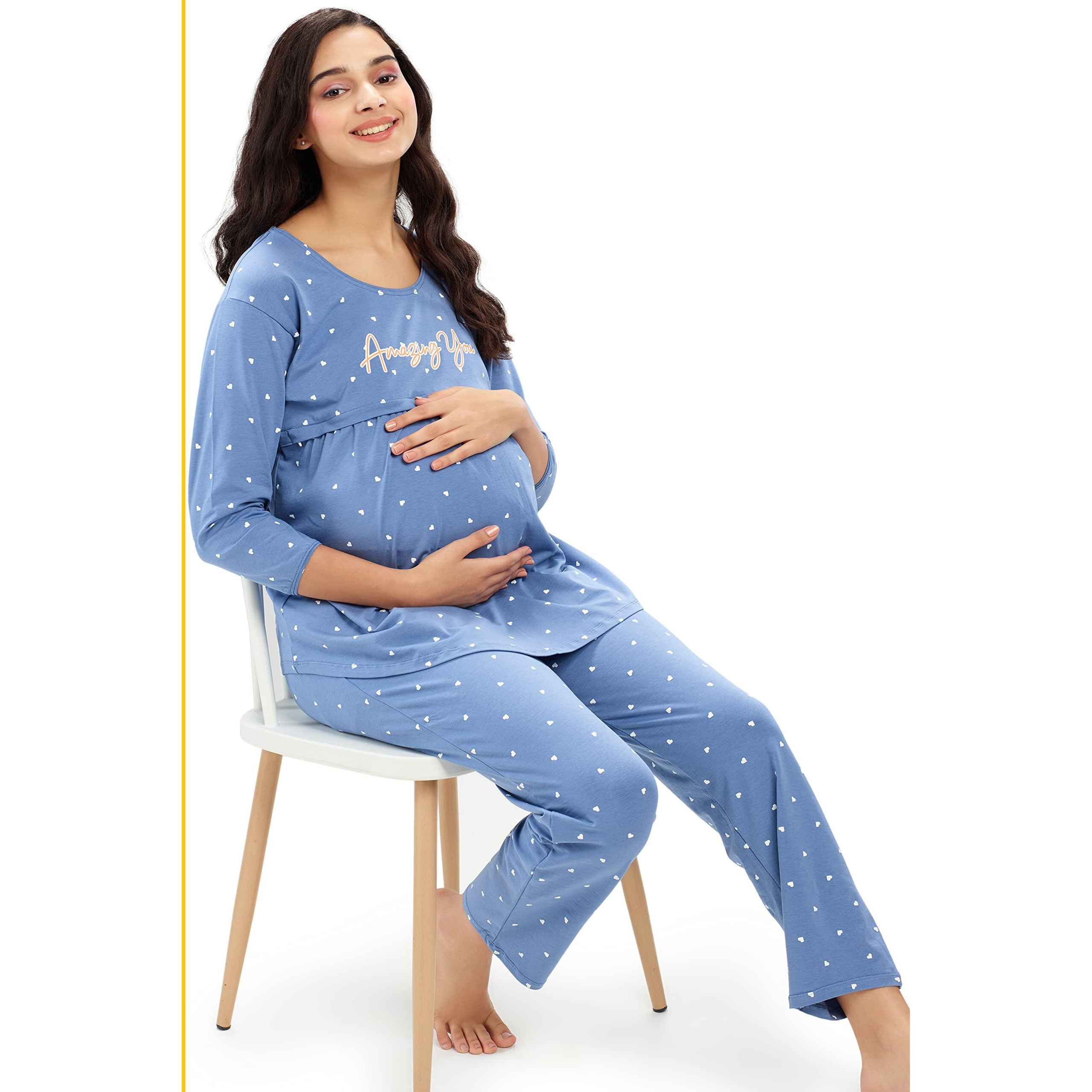 Zeyo Women's Cotton Heart Printed Sky Blue Maternity & Feeding Night Suit Set Top & Pajama Set Nursing Night Dress 5629 (2Xl)