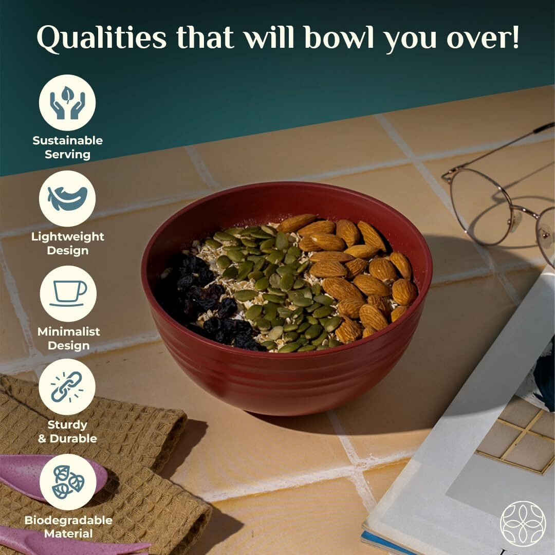 Irida Naturals Wheat Straw 6" Serving Bowl Set | Eco-Friendly, Lightweight & Unbreakable Microwave Safe Bowl Set | Bamboo Fiber Snacks Serving Bowls For Kids & Adults, 800Ml Pack 4, (Dark Multicolour)