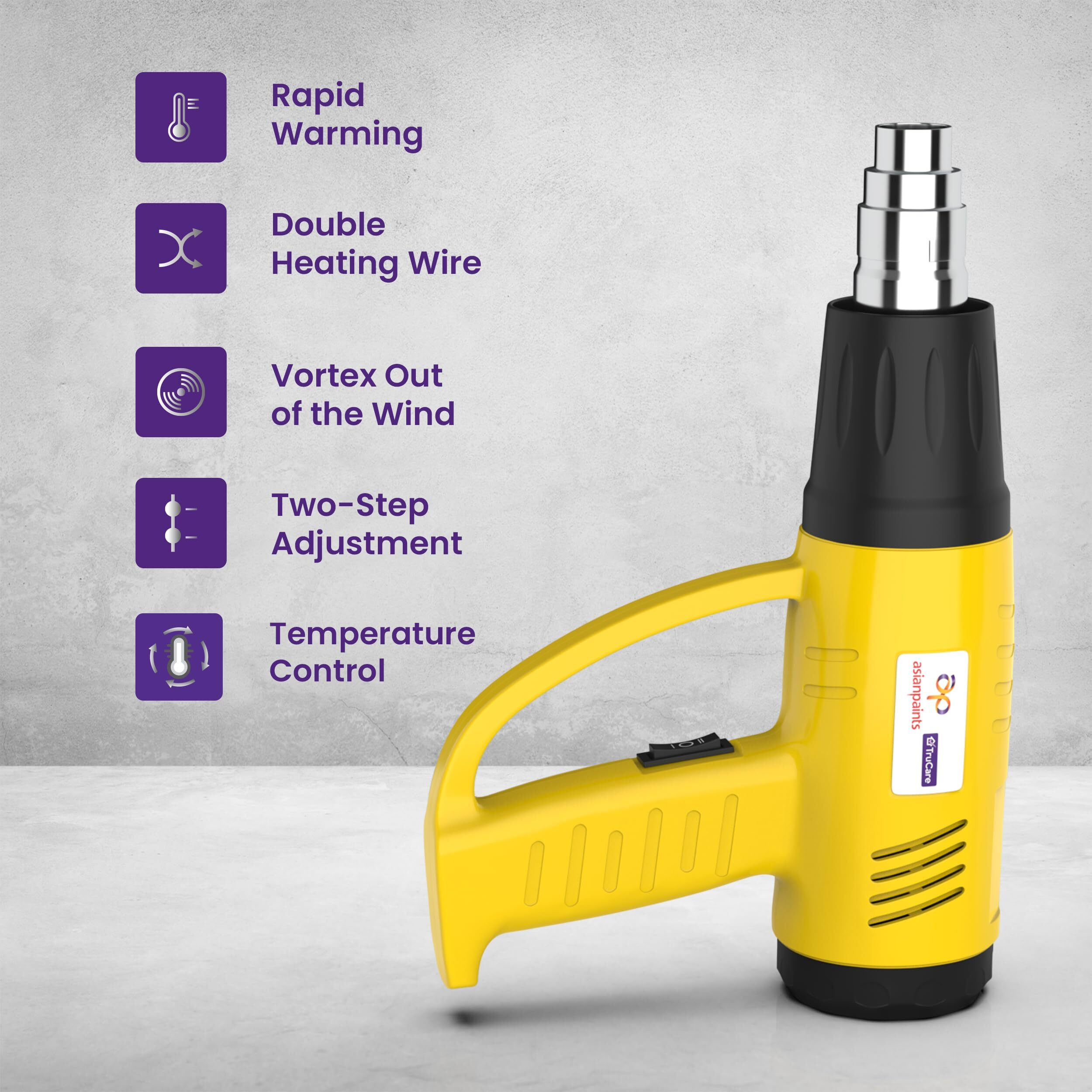 Asian Paints Trucare Heat Gun 1800 Watt With Temperature Control Feature Nozzle Attachment For Removing & Drying Paint Coats Welding & Roofing Repair (Yellow)