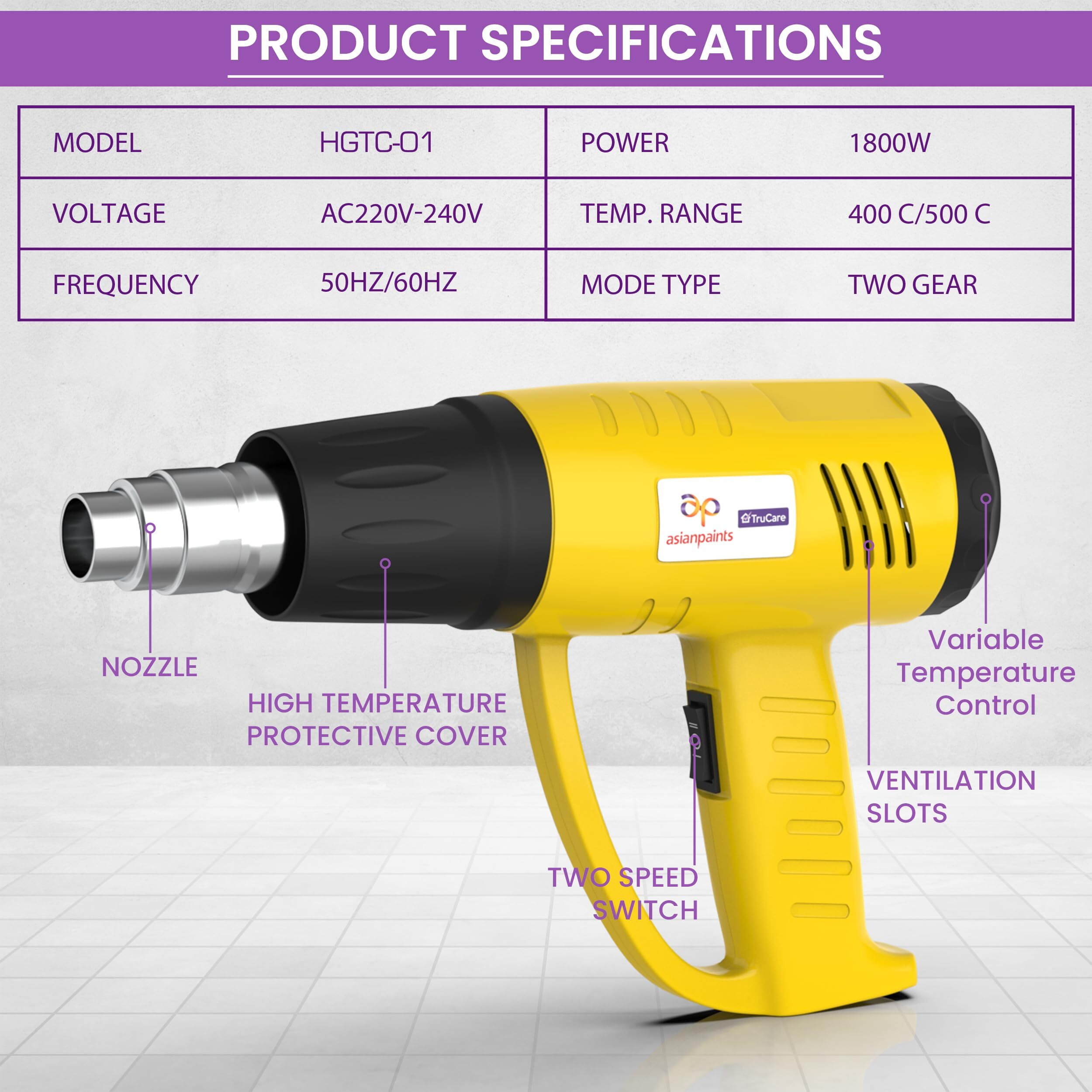 Asian Paints Trucare Heat Gun 1800 Watt With Temperature Control Feature Nozzle Attachment For Removing & Drying Paint Coats Welding & Roofing Repair (Yellow)