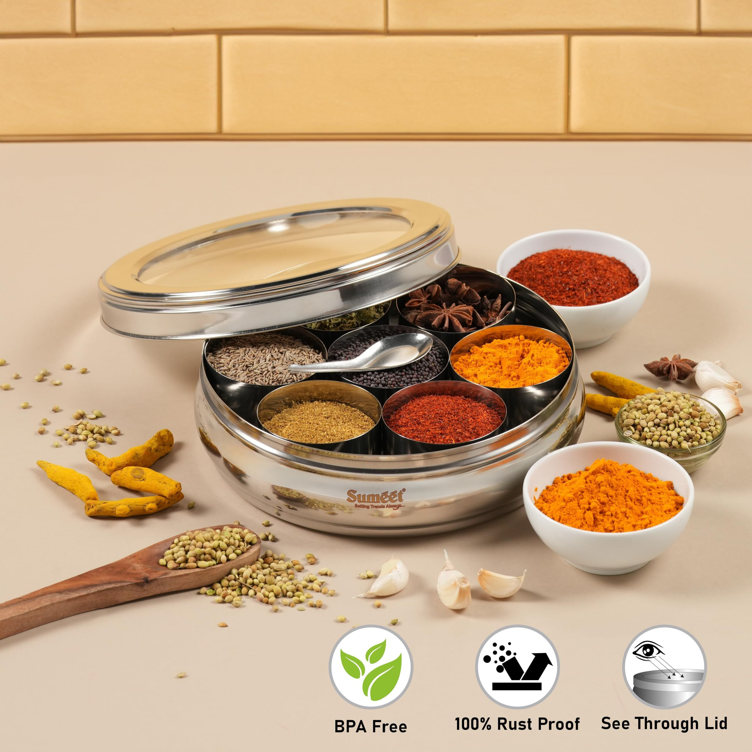 Sumeet Stainless Steel Belly Shape Masala (Spice) Box/Dabba/Organiser With See Through Lid With 7 Containers And Small Spoon (2.5 Ltr Capacity)(Large), Beige