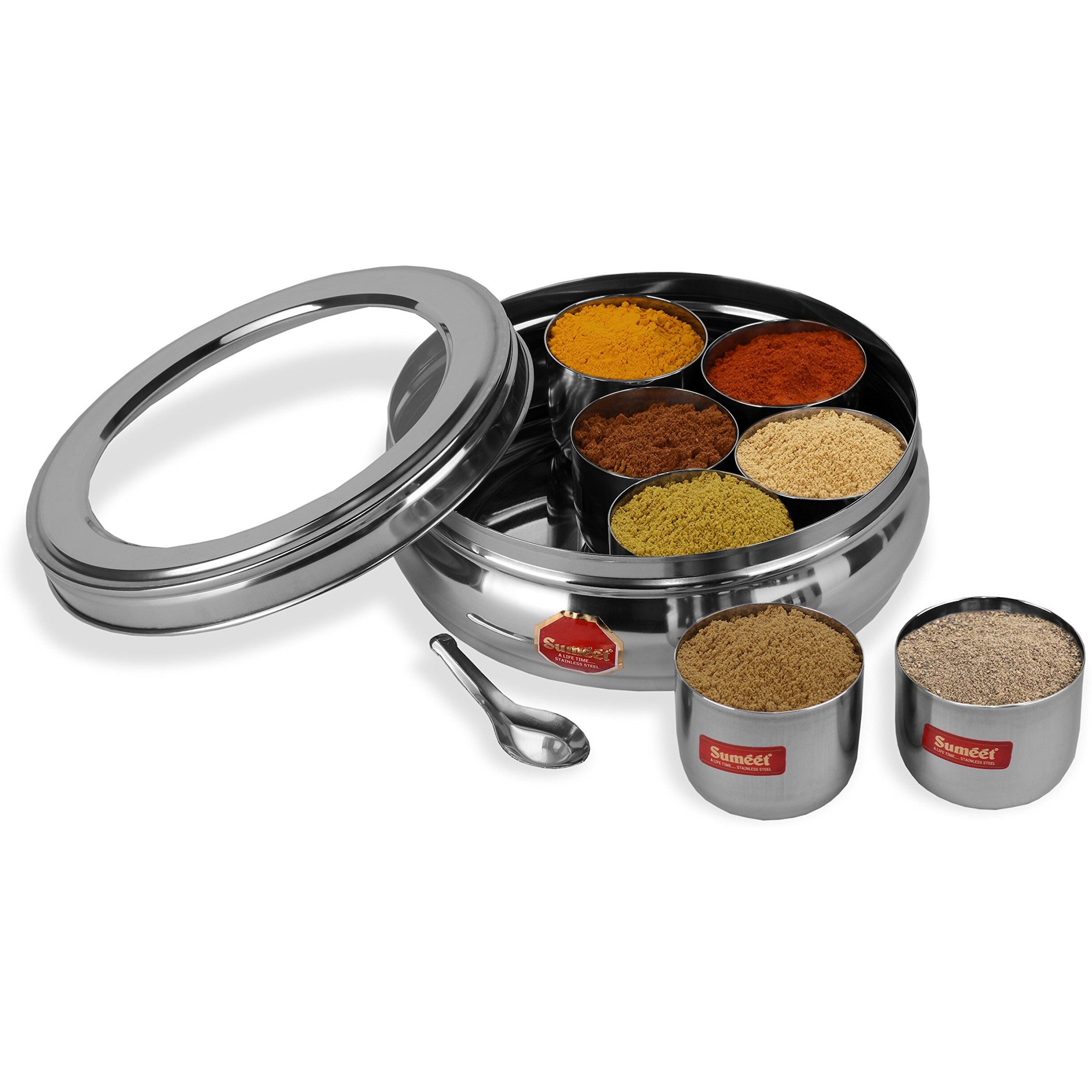 Sumeet Stainless Steel Belly Shape Masala (Spice) Box/Dabba/Organiser With See Through Lid With 7 Containers And Small Spoon (2.5 Ltr Capacity)(Large), Beige