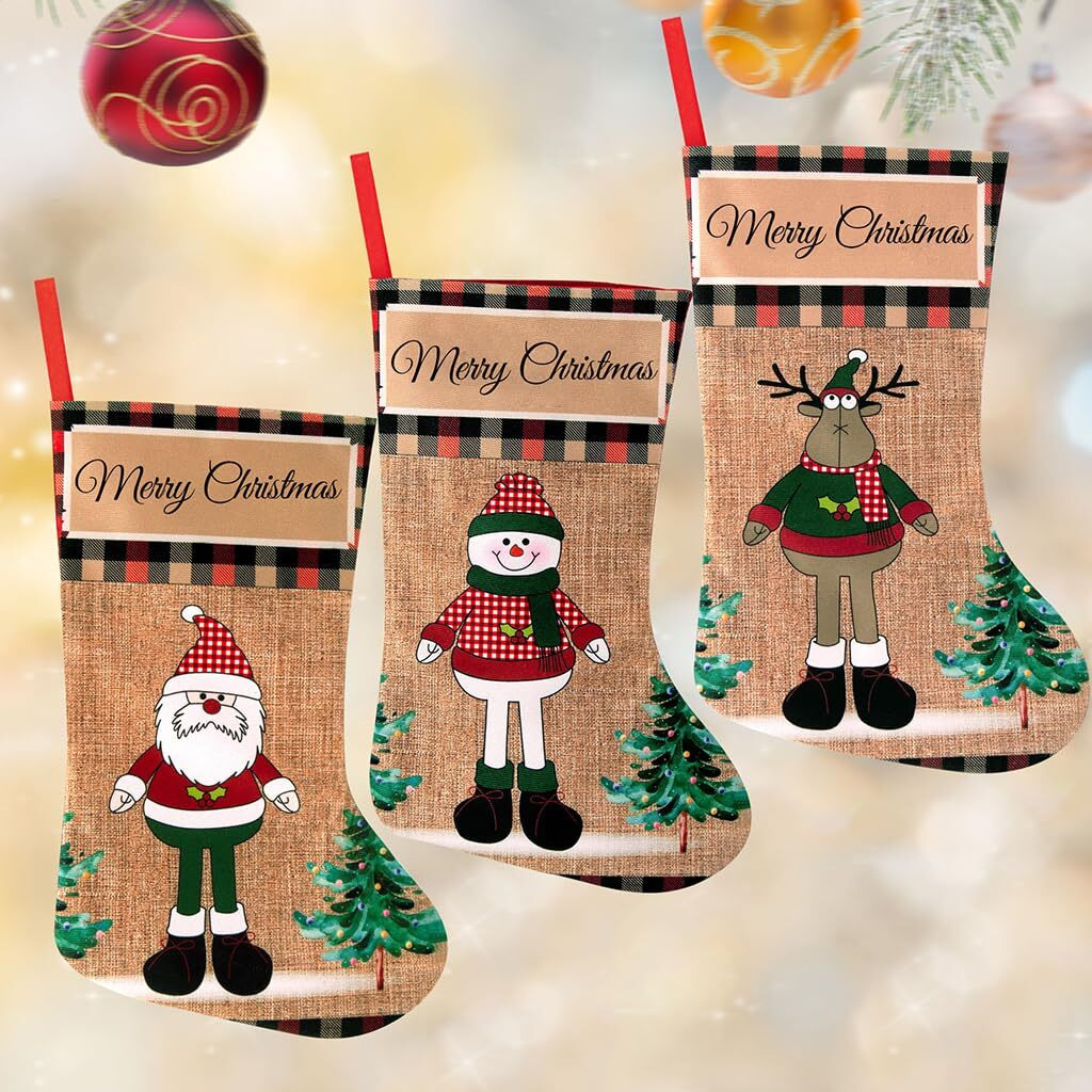 Hasthip 3Pcs Christmas Stocking 16 Inch Linen Print Christmas Gift Stocking Hanging Christmas Stockings Gift Christmas Stocking Christmas Stocking For Window, Christmas Tree, Door, Christmas Party
