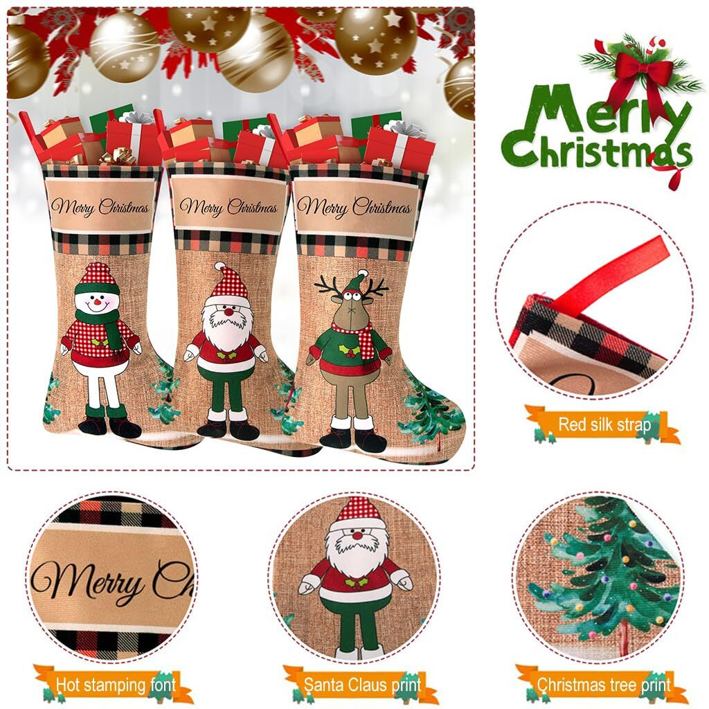 Hasthip 3Pcs Christmas Stocking 16 Inch Linen Print Christmas Gift Stocking Hanging Christmas Stockings Gift Christmas Stocking Christmas Stocking For Window, Christmas Tree, Door, Christmas Party