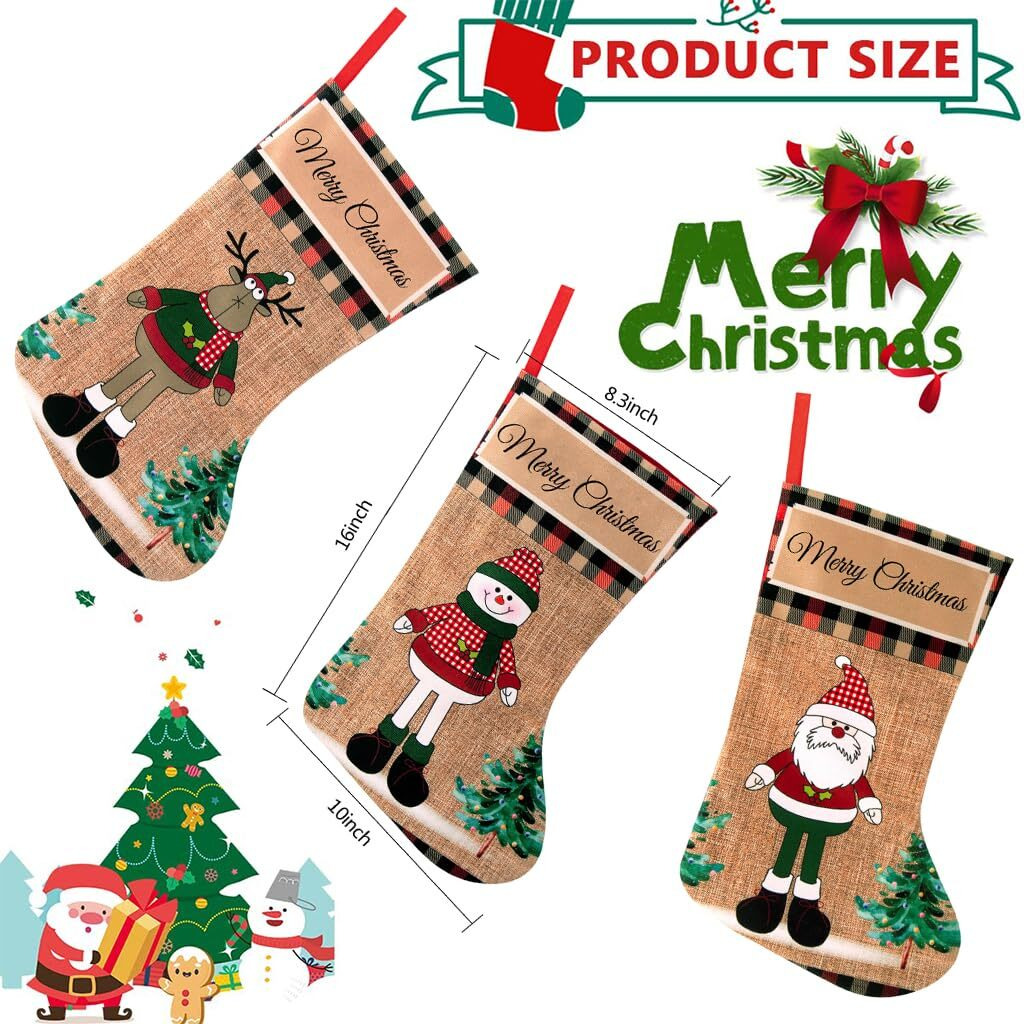 Hasthip 3Pcs Christmas Stocking 16 Inch Linen Print Christmas Gift Stocking Hanging Christmas Stockings Gift Christmas Stocking Christmas Stocking For Window, Christmas Tree, Door, Christmas Party