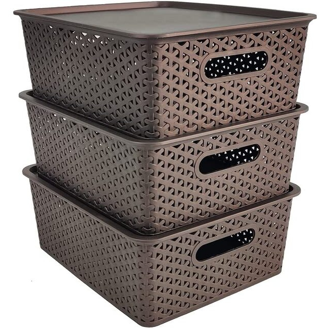 Homestrap Set Of 3 Plastic Storage Organizers/Baskets With Lid For Kitchen, Clothes, Multipurpose Vegetables, Toys, Books, Office, Stationery, Wardrobe(Medium| Brown)