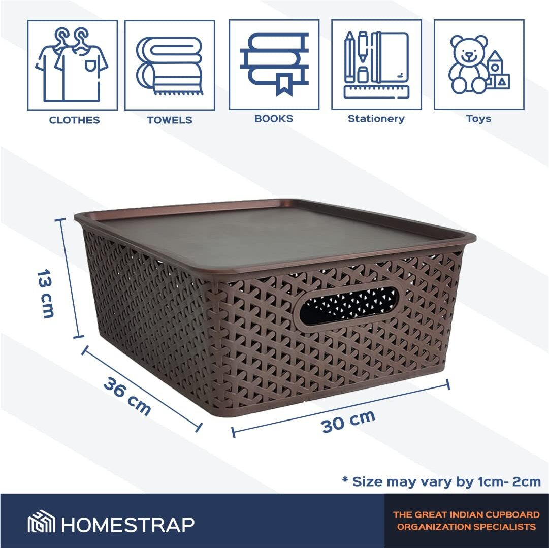 Homestrap Set Of 3 Plastic Storage Organizers/Baskets With Lid For Kitchen, Clothes, Multipurpose Vegetables, Toys, Books, Office, Stationery, Wardrobe(Medium| Brown)