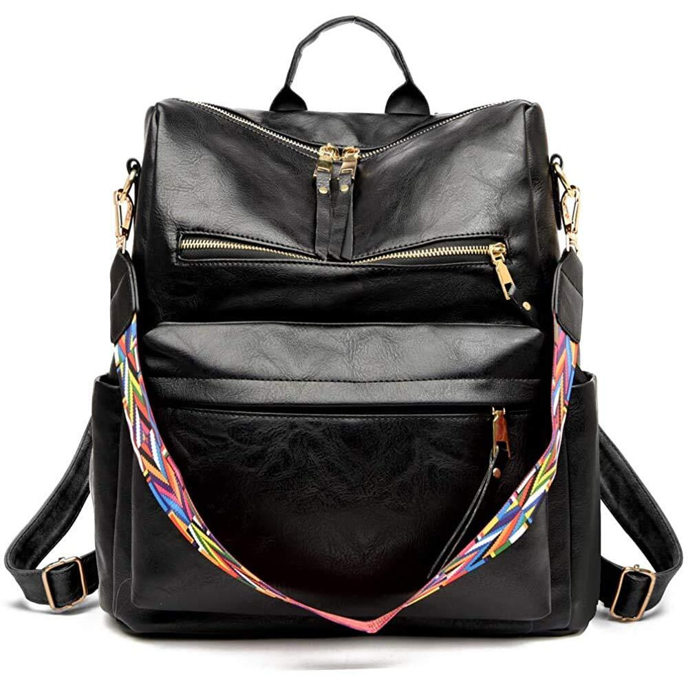 Inovera (Label) 15L Vegan Leather Girl's Travel Casual Collage Standard Backpack With Shoulder Strap (Black) (Medium Size)