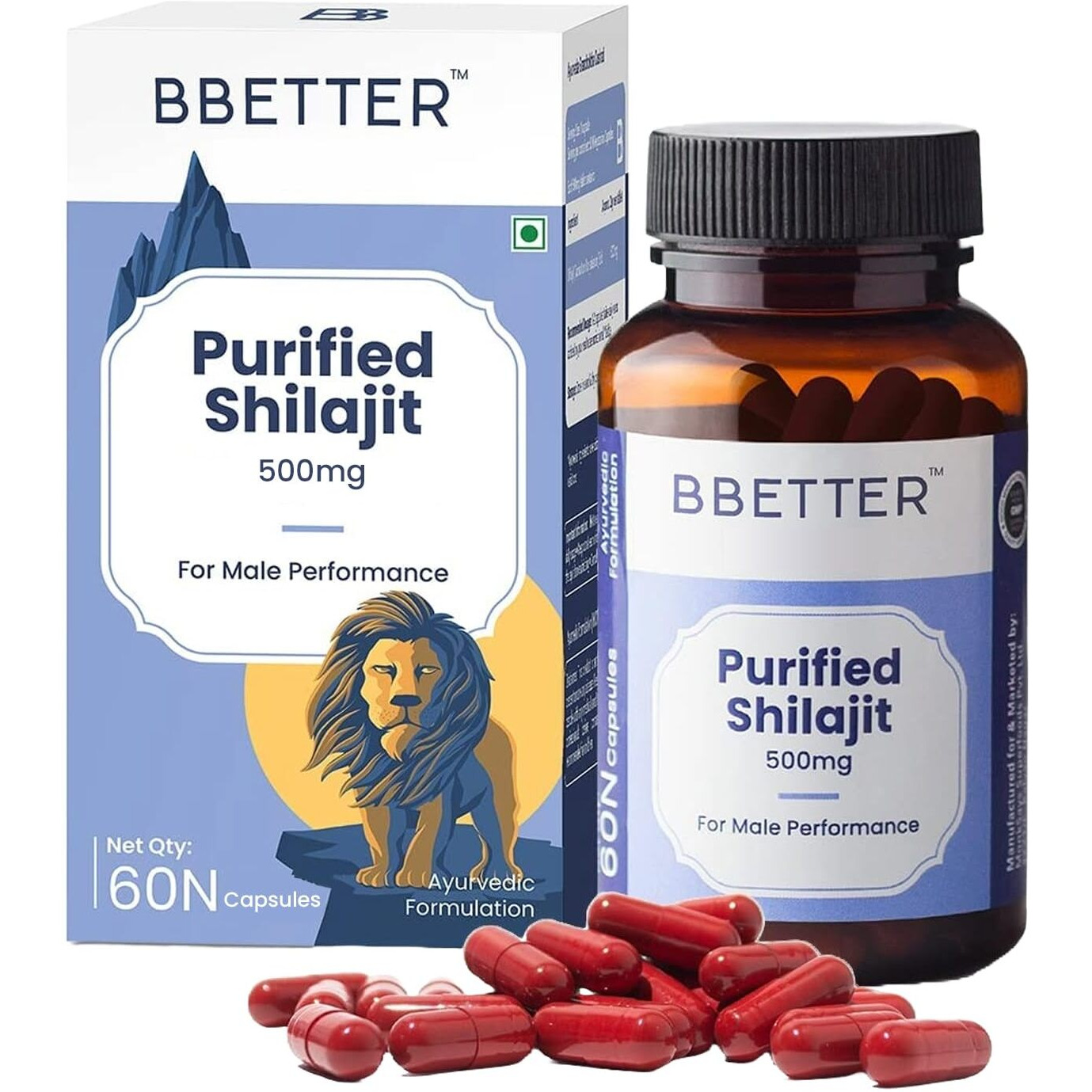 Bbetter Purified Shilajit/Shilajeet 500Mg | Ayurvedic Medicine For Stamina, Strength, Muscle Growth & Vitality Support For Men | Pure Himalayan Shilajit Extract (Pack Of 1) - 60 Capsules