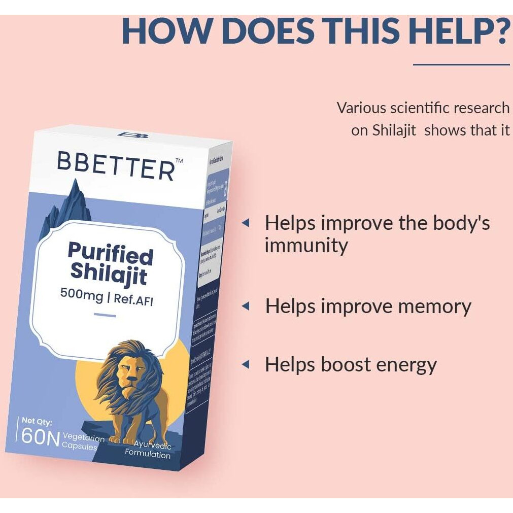 Bbetter Purified Shilajit/Shilajeet 500Mg | Ayurvedic Medicine For Stamina, Strength, Muscle Growth & Vitality Support For Men | Pure Himalayan Shilajit Extract (Pack Of 1) - 60 Capsules