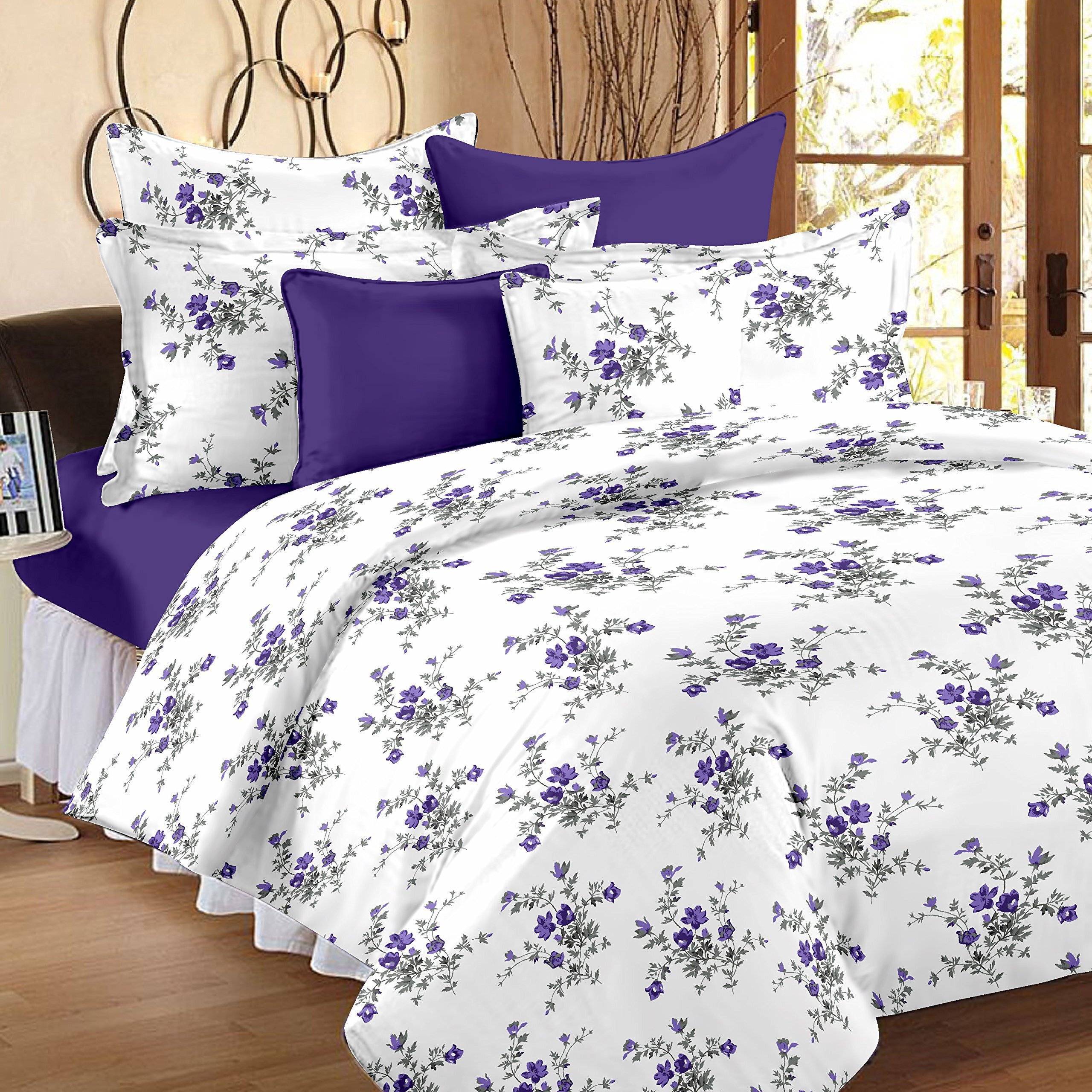 Huesland By Ahmedabad Cotton 144 Tc Cotton King Size Bedsheet With 2 Pillow Covers - White, Purple(9Ft X 9Ft)