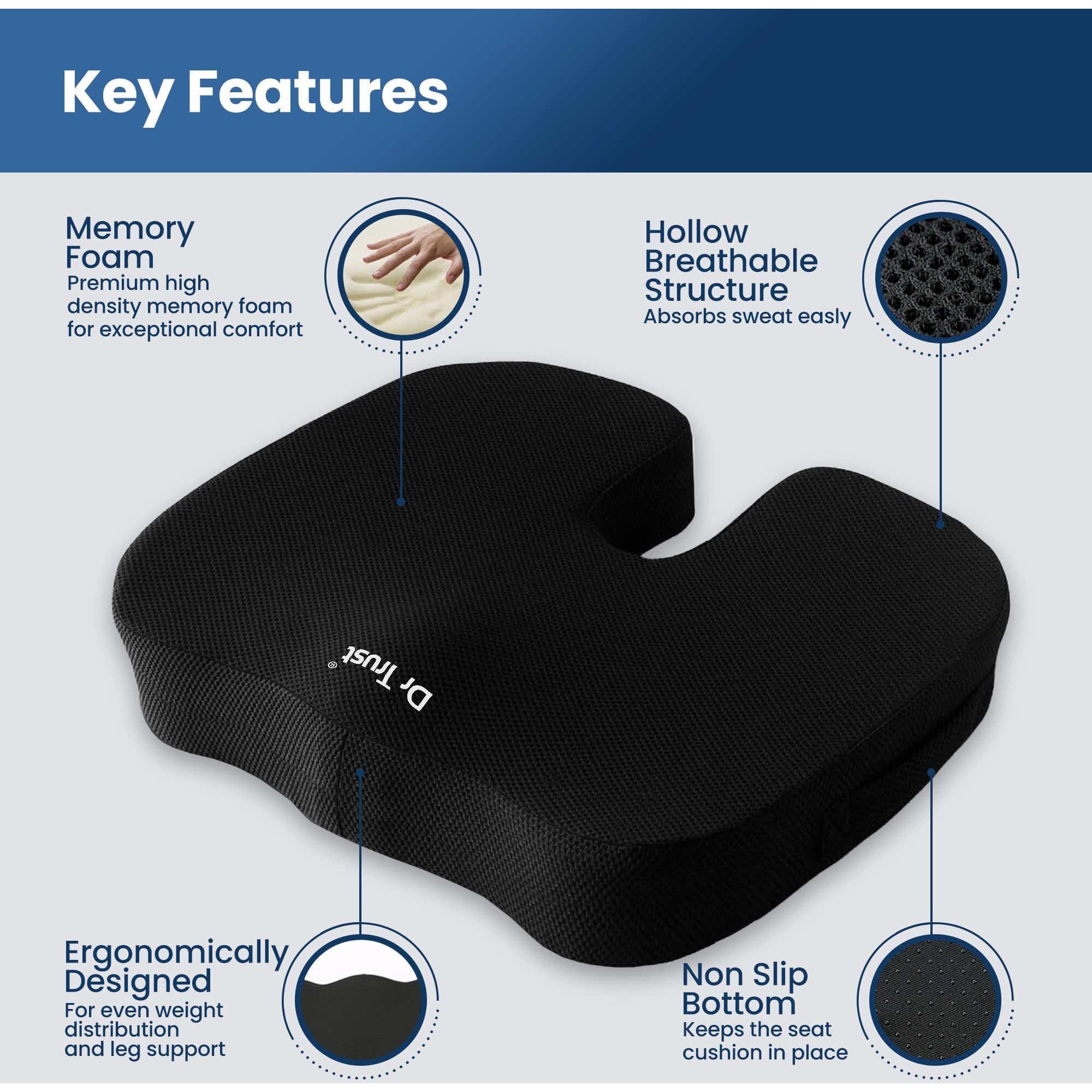 Dr Trust (Usa) Non-Slip Orthopedic Coccyx Seat Cushion For Tailbone & Sciatica Pain Relief Hip Support