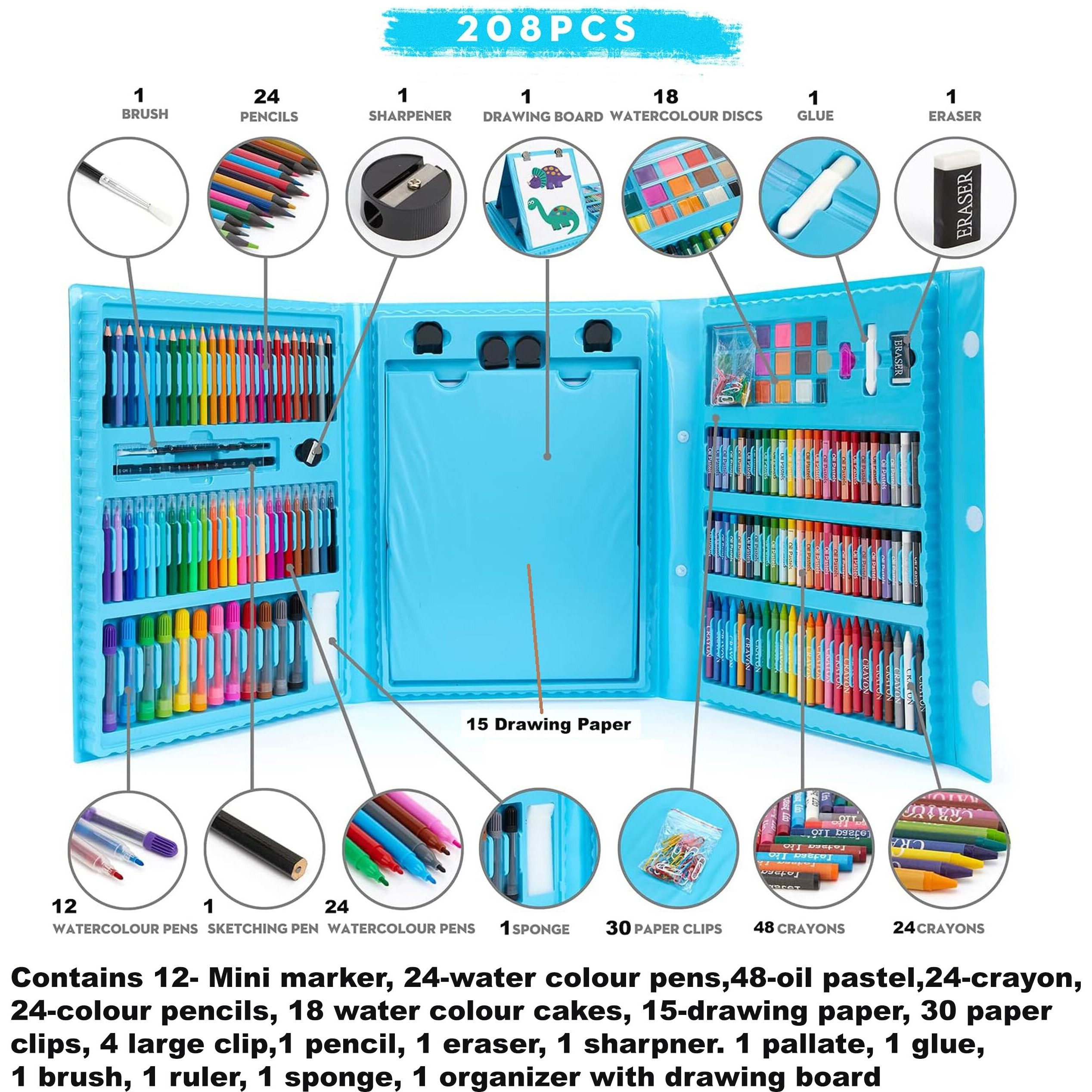 Karp Children Deluxe Art Drawing Set For Kids Case Art And Craft Supplies Drawing And Painting Set Great Gift (208Pcs -Blue)