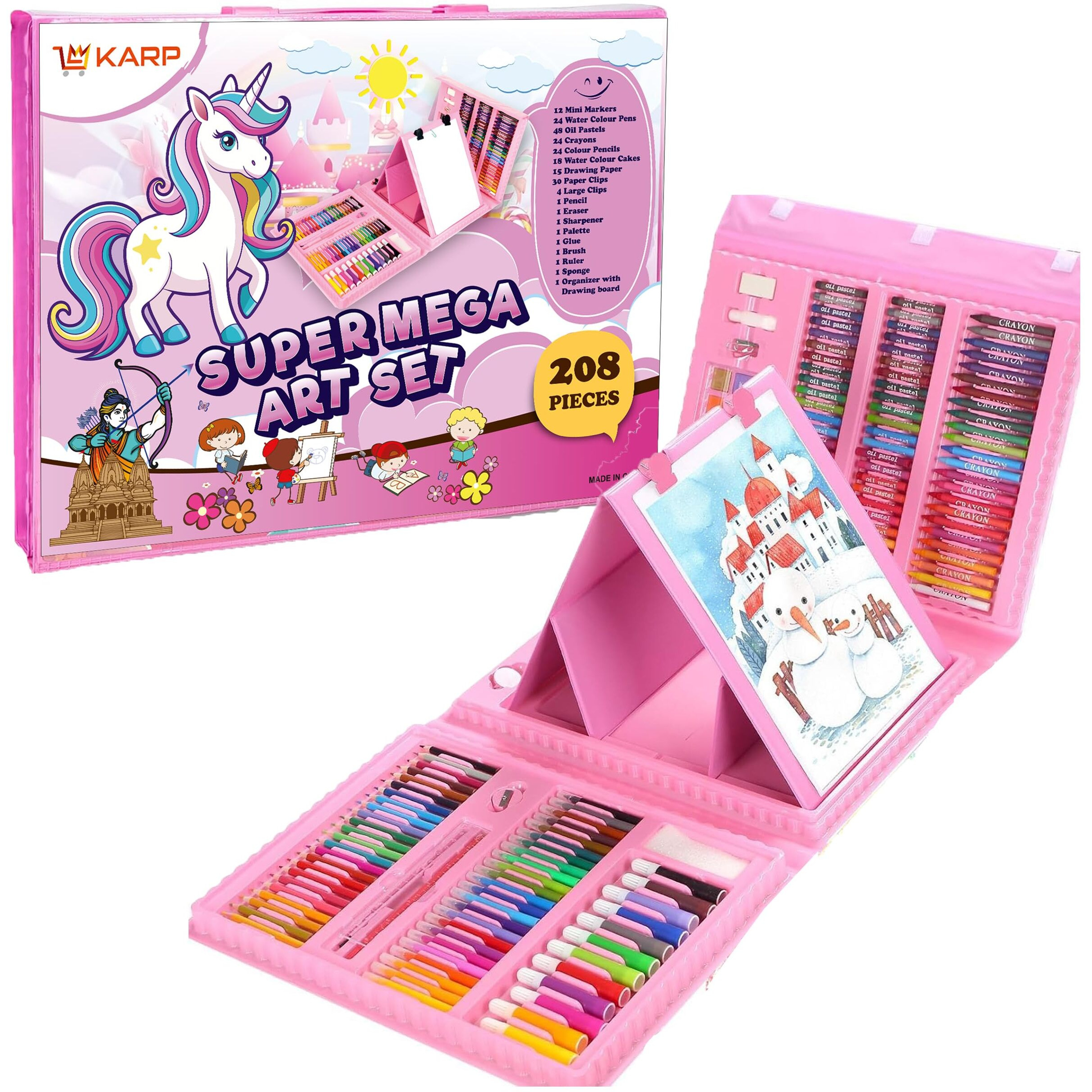 Karp Children Deluxe Art Drawing Set For Kids Case Art And Craft Supplies Drawing And Painting Set Great Gift (208Pcs -Pink)