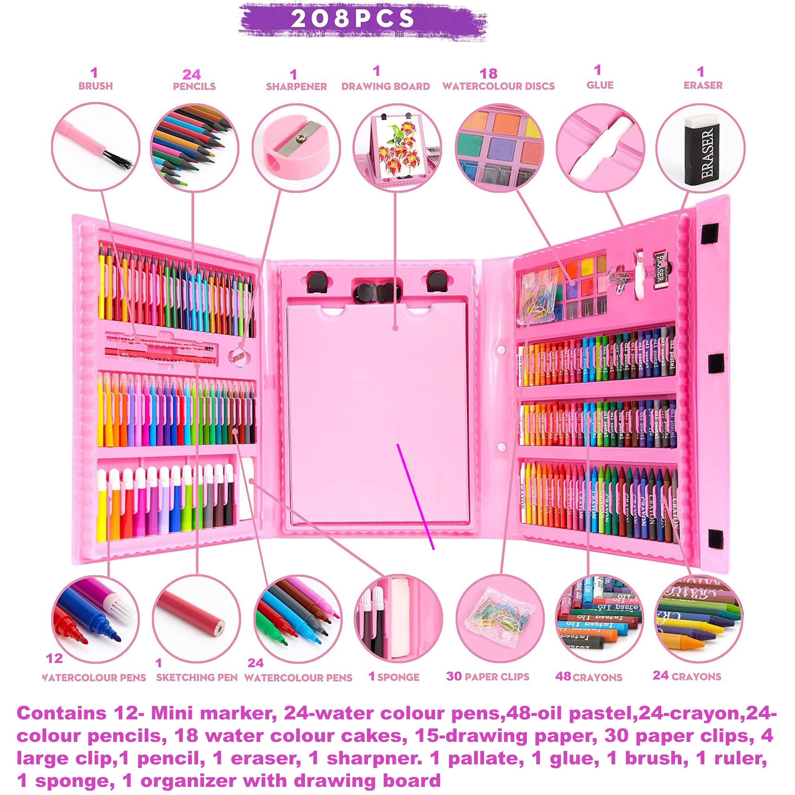 Karp Children Deluxe Art Drawing Set For Kids Case Art And Craft Supplies Drawing And Painting Set Great Gift (208Pcs -Pink)