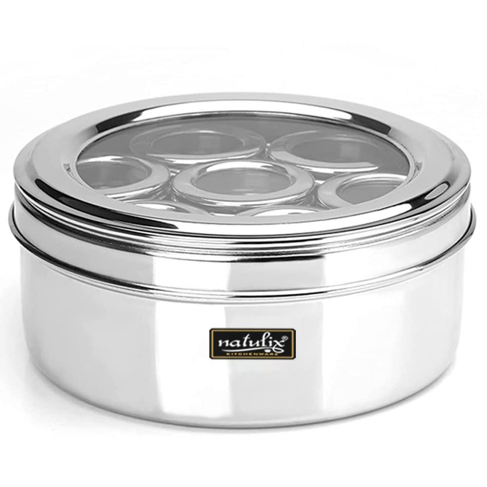 Natulix Stainless Steel Medium Size 7 In 1 Masala Box For Kitchen | Spice Box | Masala Container | Masala Dani With Individual See Through Lid 2 Spoons | Silver (1.5 Ltr | Medium | 18Cm)
