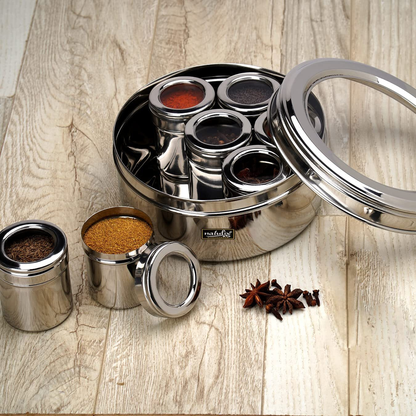 Natulix Stainless Steel Medium Size 7 In 1 Masala Box For Kitchen | Spice Box | Masala Container | Masala Dani With Individual See Through Lid 2 Spoons | Silver (1.5 Ltr | Medium | 18Cm)