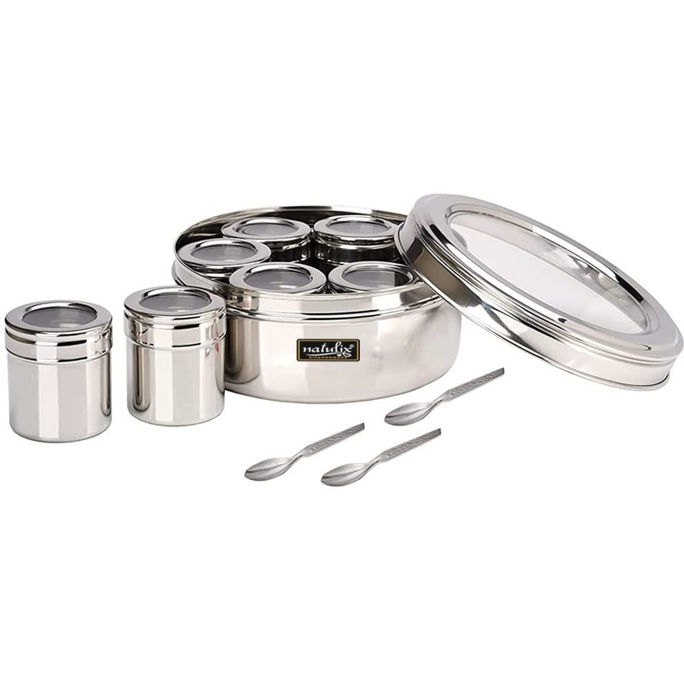 Natulix Stainless Steel Medium Size 7 In 1 Masala Box For Kitchen | Spice Box | Masala Container | Masala Dani With Individual See Through Lid 2 Spoons | Silver (1.5 Ltr | Medium | 18Cm)