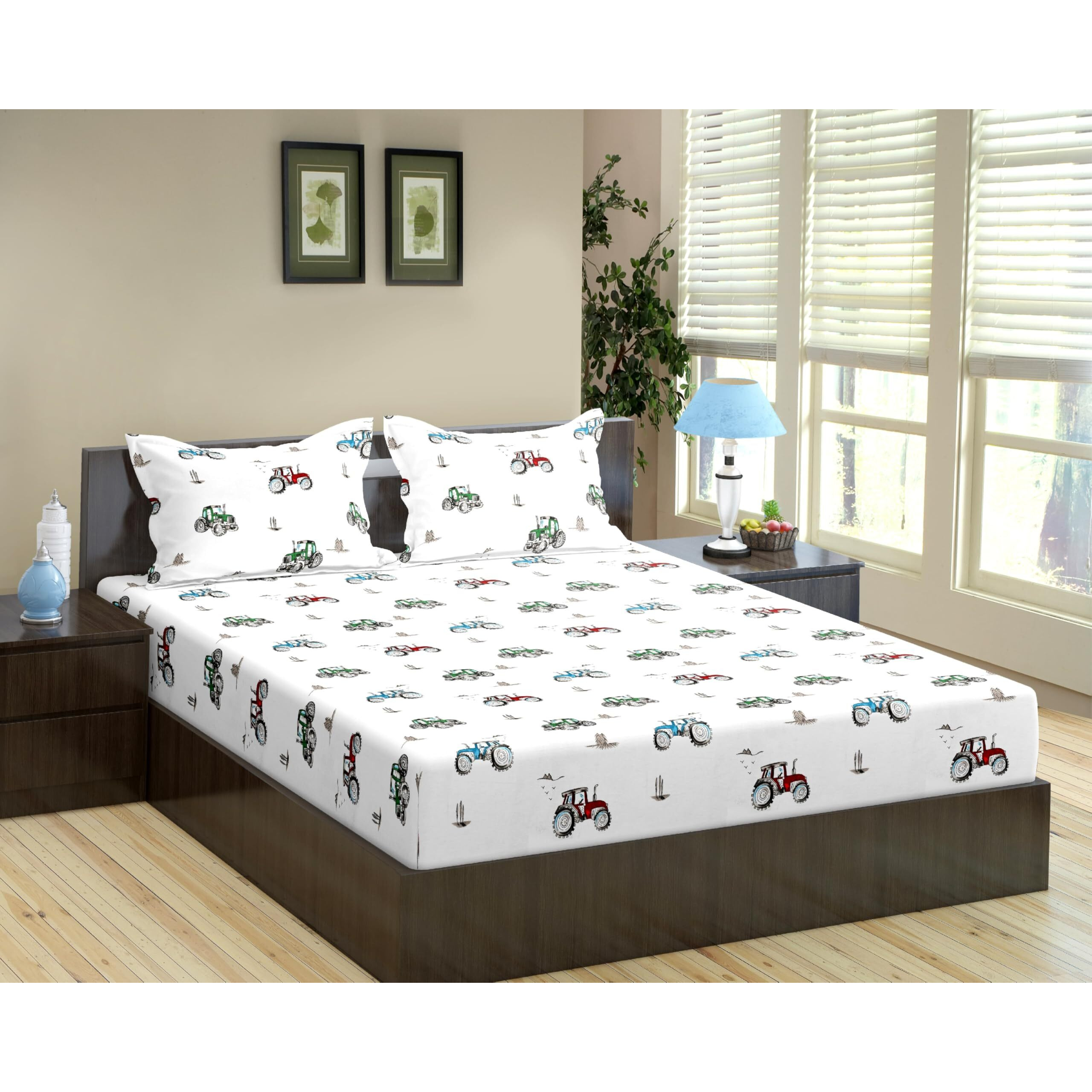 Trance Home Linen 180Tc 100% Cotton 78&quotX60" Standard Queen Size Elastic Fitted Kids Bedsheet | Cartoon Printed Queen Bed Size Elasticated Bedspread With 2 Pillow Covers (78X60Inch, Car Blue)