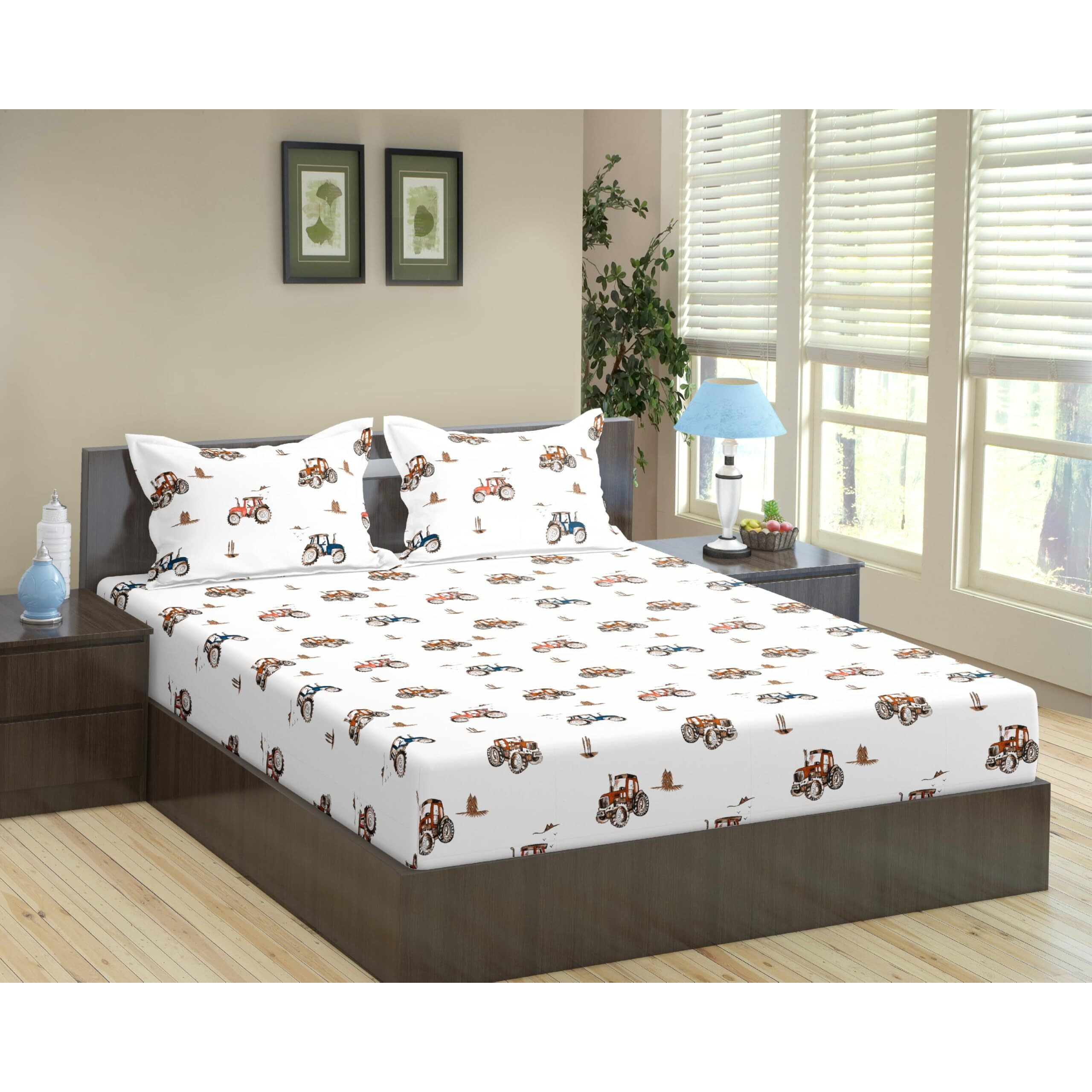 Trance Home Linen 180Tc 100% Cotton 78&quotX60" Standard Queen Size Elastic Fitted Kids Bedsheet | Cartoon Printed Queen Bed Size Elasticated Fitted Bedspread With 2 Pillow Covers (78X60 Inch, Car Orange)