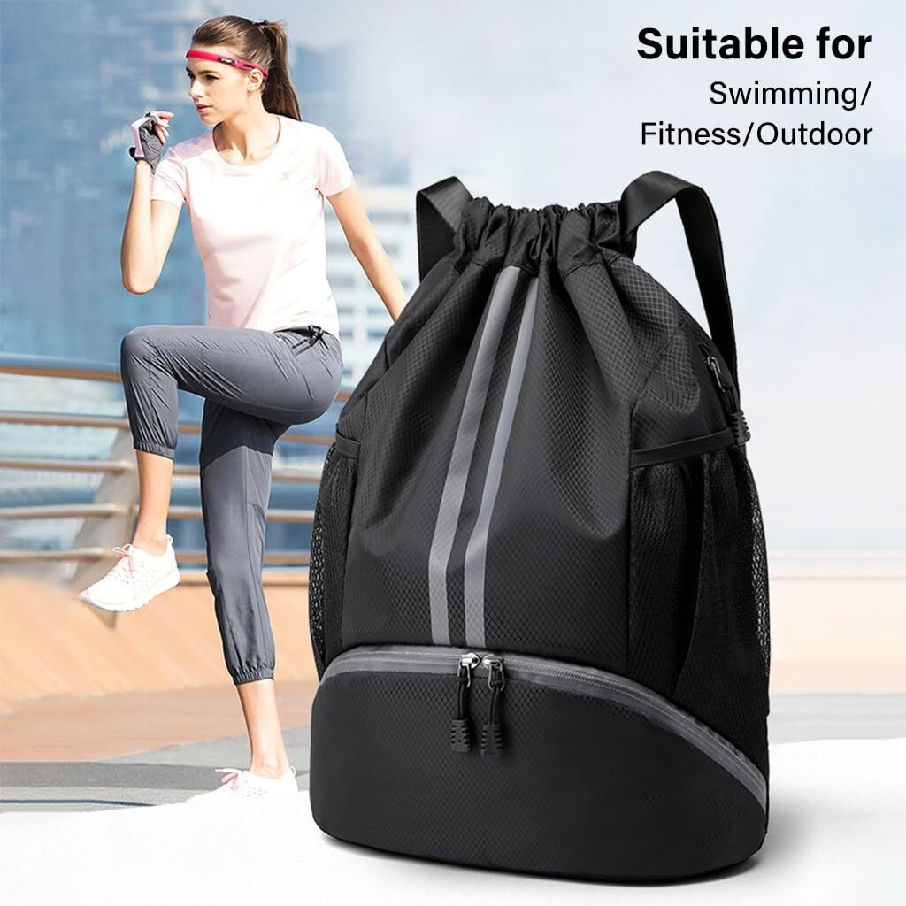 Optifit Basketball Drawstring Bag Sport Drawstring Bag Large Capacity Fitness Backpack With Shoe Compartment Gym Backpack Football Outdoor Drawstring Bag Backpack, Water-Resistant Fabric, Black