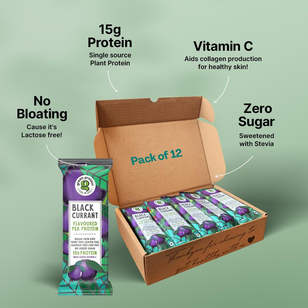 Green Protein Vegan Plant Pea Protein Isolate Powder, 15Gm Protein Per Serving, No Added Sugar, 100% Vegan, Soy, Dairy, Gluten & Allergen Free, Black Currant Flavor, Pack Of 12, 23 Gm Each