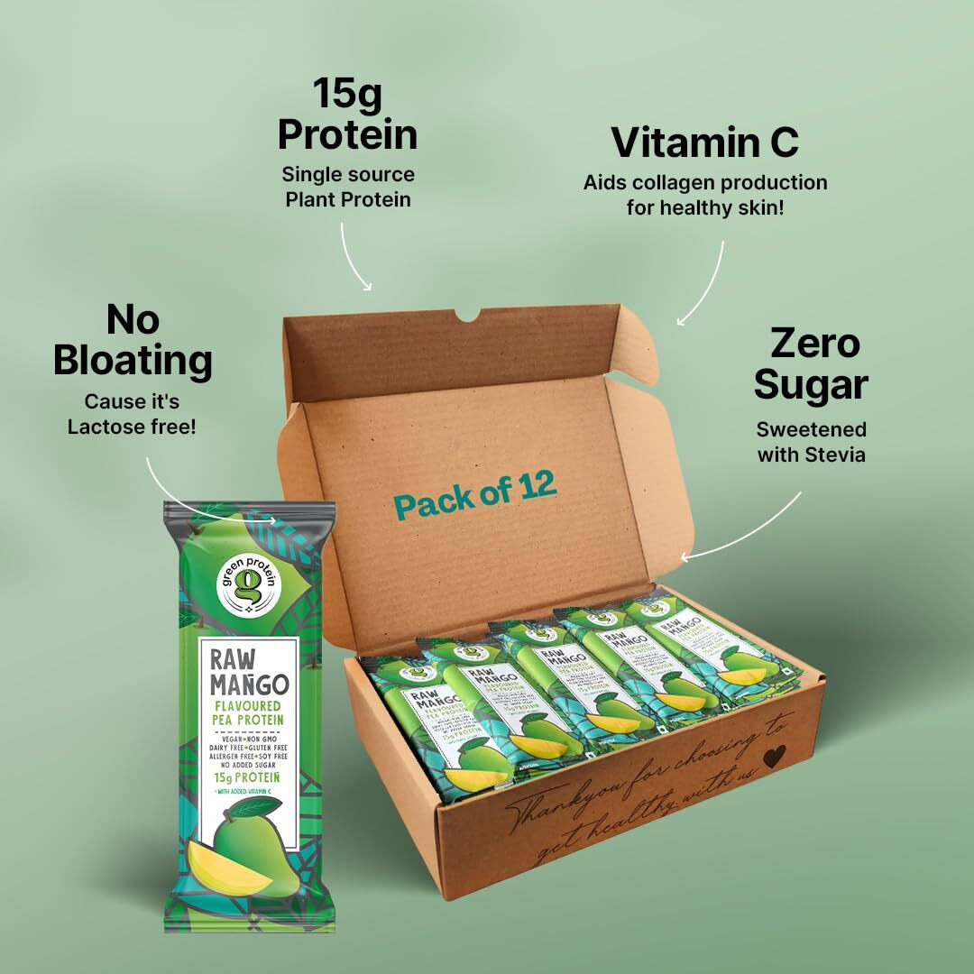 Green Protein Vegan Plant Pea Protein Isolate Powder, 15Gm Protein Per Serving, No Added Sugar, 100% Vegan, Soy, Dairy, Gluten & Allergen Free, Raw Mango Flavor, Pack Of 12, 23 Gm Each