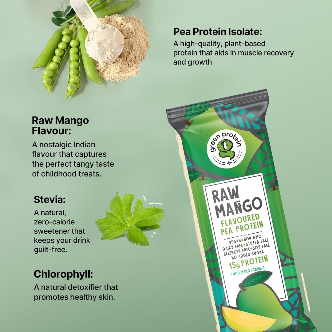 Green Protein Vegan Plant Pea Protein Isolate Powder, 15Gm Protein Per Serving, No Added Sugar, 100% Vegan, Soy, Dairy, Gluten & Allergen Free, Raw Mango Flavor, Pack Of 12, 23 Gm Each