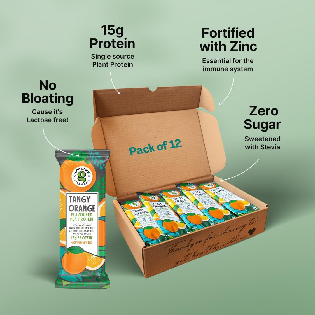 Green Protein Vegan Plant Pea Protein Isolate Powder, 15Gm Protein Per Serving, No Added Sugar, 100% Vegan, Soy Free, Dairy Free, Gluten Free, Allergen Free, Orange Flavor, Pack Of 12, 23 Gm Each