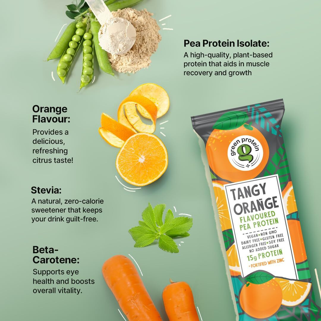 Green Protein Vegan Plant Pea Protein Isolate Powder, 15Gm Protein Per Serving, No Added Sugar, 100% Vegan, Soy Free, Dairy Free, Gluten Free, Allergen Free, Orange Flavor, Pack Of 12, 23 Gm Each
