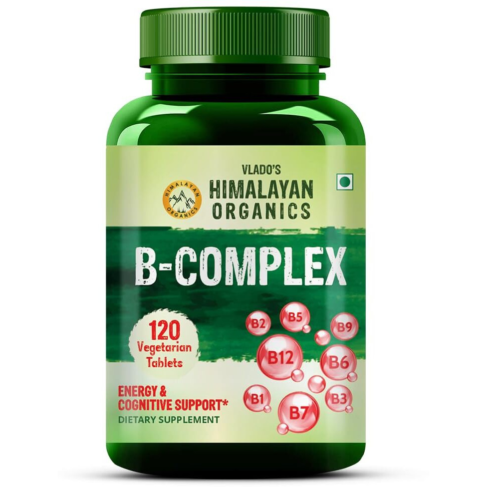 VladoS Himalayan Organics Vitamin B Complex With 100% Rda B1, B2, B3, B5, B6, B7, B9 & B12 | Hair Growth, Energy & Immunity | Youthful Skin - 120 Veg Tablets