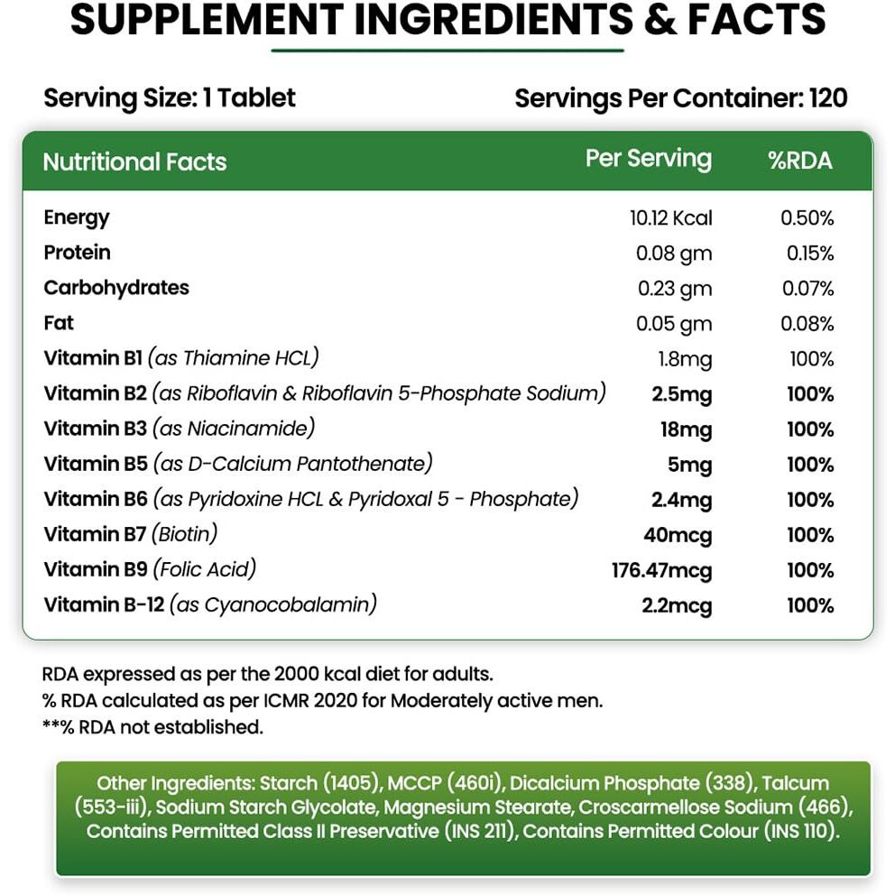 VladoS Himalayan Organics Vitamin B Complex With 100% Rda B1, B2, B3, B5, B6, B7, B9 & B12 | Hair Growth, Energy & Immunity | Youthful Skin - 120 Veg Tablets