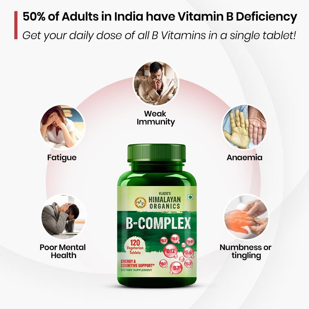 VladoS Himalayan Organics Vitamin B Complex With 100% Rda B1, B2, B3, B5, B6, B7, B9 & B12 | Hair Growth, Energy & Immunity | Youthful Skin - 120 Veg Tablets