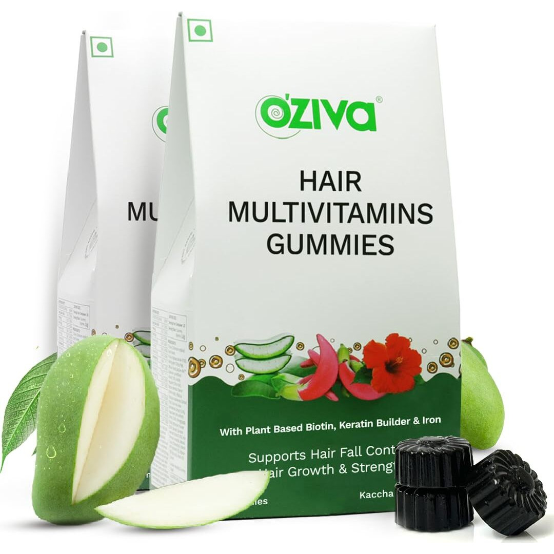 Oziva Biotin Hair Multivitamins Gummies For Stronger,Fuller,Shinier Hair|Hair Gummies With Keratin Builder,Iron&Vitamins B9,B6&D|Raw Mango Flavour|No Added Sugar (Pack Of 2,30 Gummies)