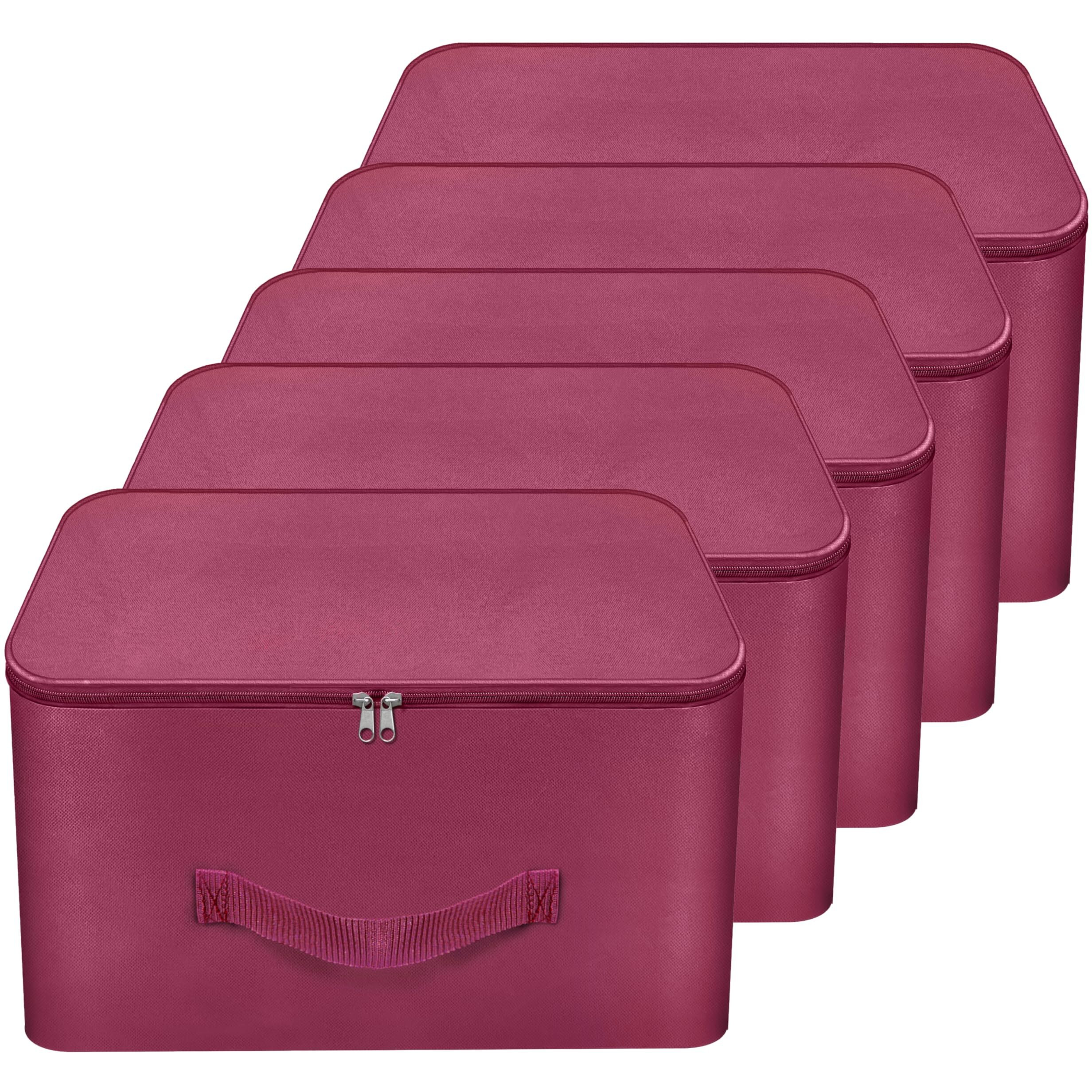 Storite 5 Pack Nylon Wardrobe Bag Underbed Moisture Proof Cloth Storage Organizer, Storage Box For Clothes Saree Bags With Zippered Closure & Handle (Magenta, 37X34X23 Cm) Square