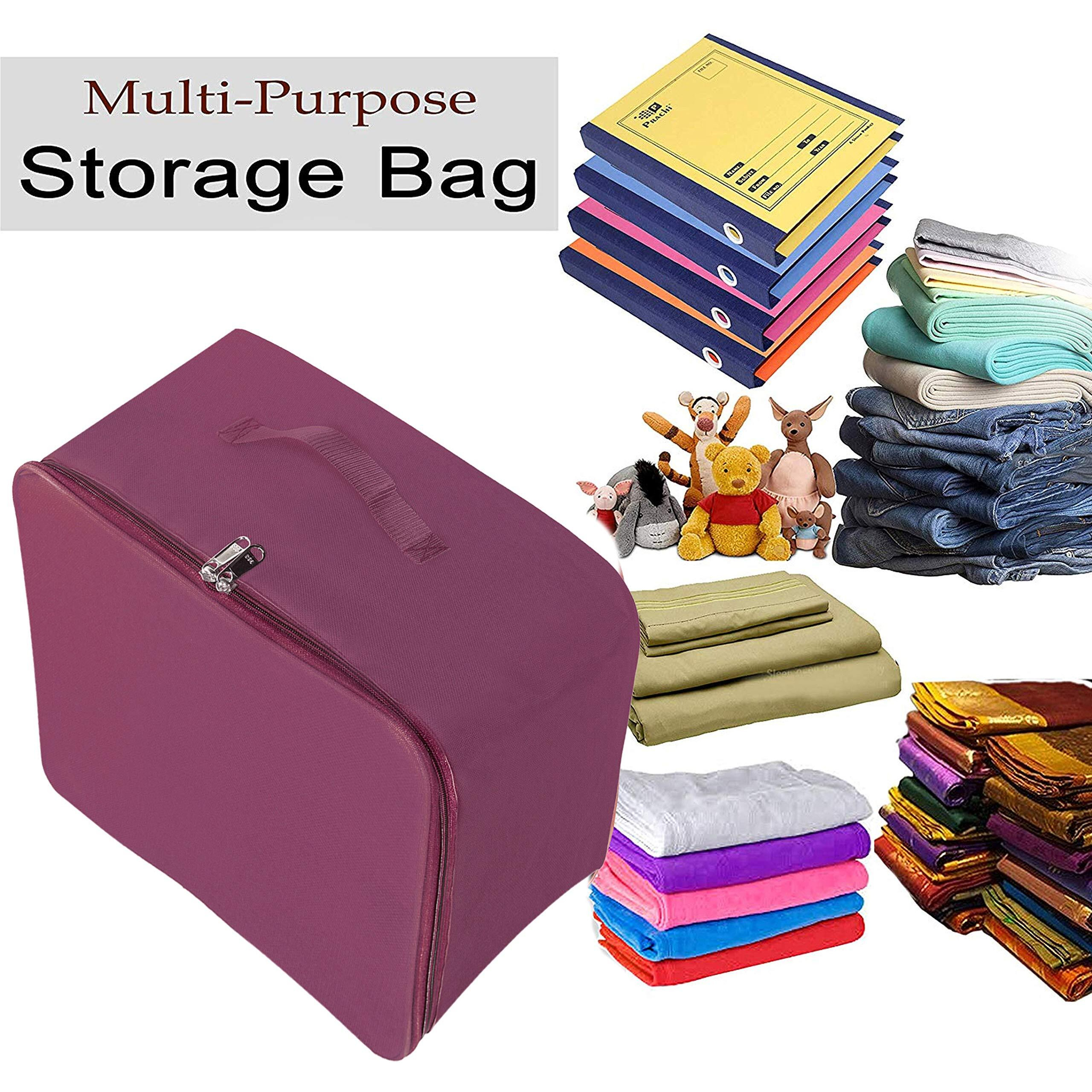 Storite 5 Pack Nylon Wardrobe Bag Underbed Moisture Proof Cloth Storage Organizer, Storage Box For Clothes Saree Bags With Zippered Closure & Handle (Magenta, 37X34X23 Cm) Square