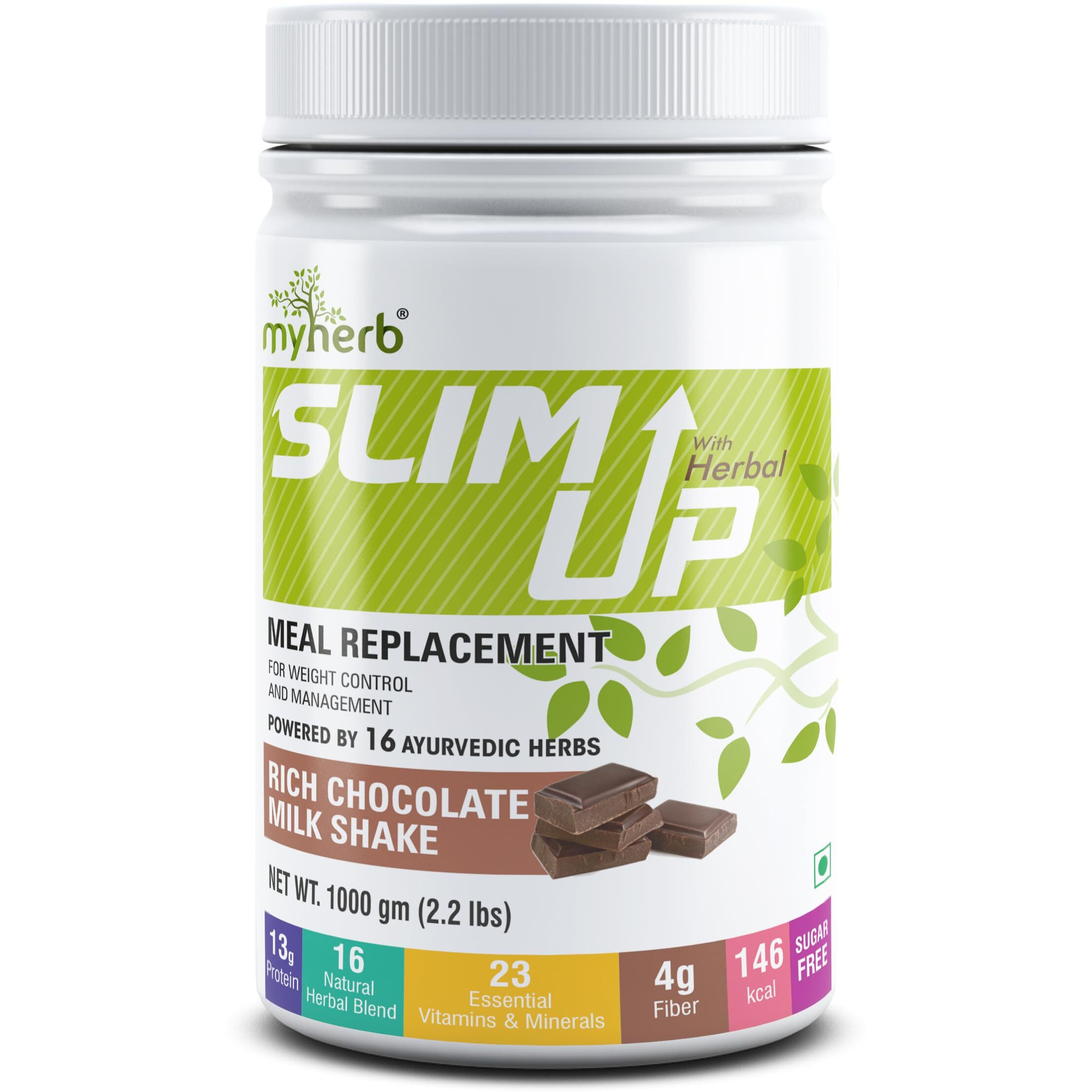 Myherb Slim Up Meal Replacement Shake With 15 Natural Herbal Blend (Ayurvedic Formula) For Weight Control&Management-13.5G Protein-23 Vitamins For Men&Women (Chocolate Milk Shake, 1000 Gm)