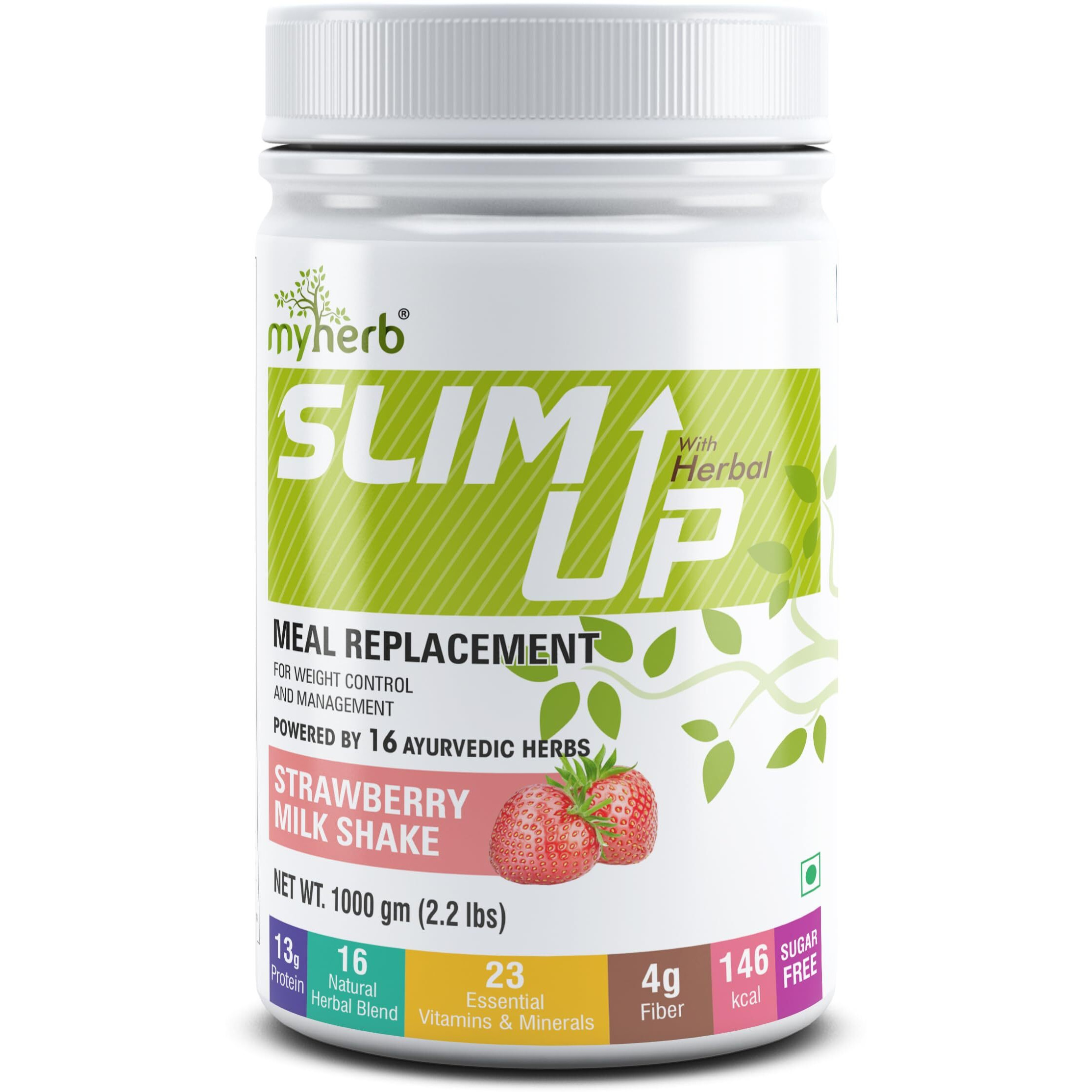 Myherb Slim Up Meal Replacement Shake With 16 Natural Herbal Blend(Ayurvedic Formula) For Weight Control&Management-13.5G Protein-23 Vitamins Men&Women (Strawberry Milk Shake, 1 Kg (Pack Of 1))