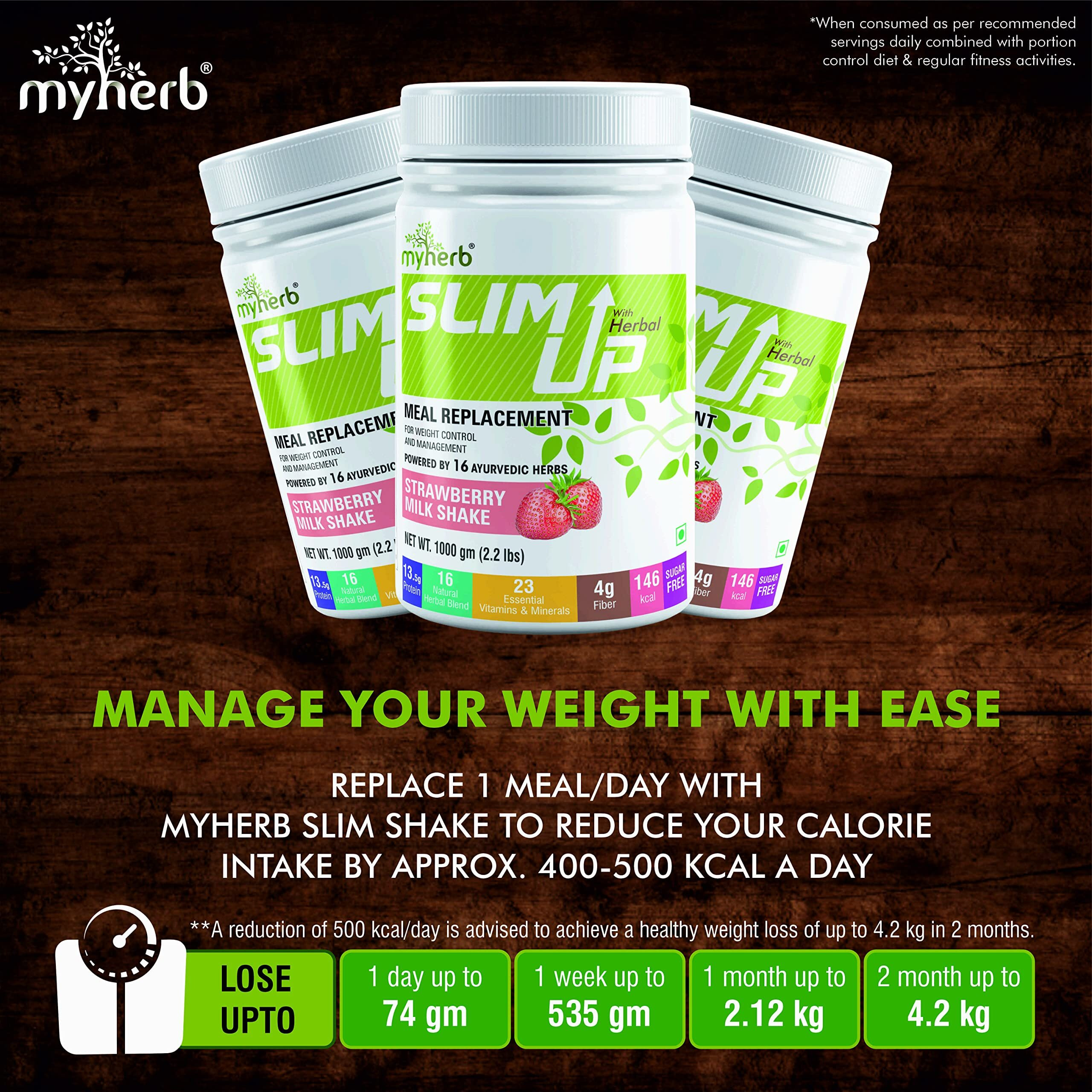 Myherb Slim Up Meal Replacement Shake With 16 Natural Herbal Blend(Ayurvedic Formula) For Weight Control&Management-13.5G Protein-23 Vitamins Men&Women (Strawberry Milk Shake, 1 Kg (Pack Of 1))
