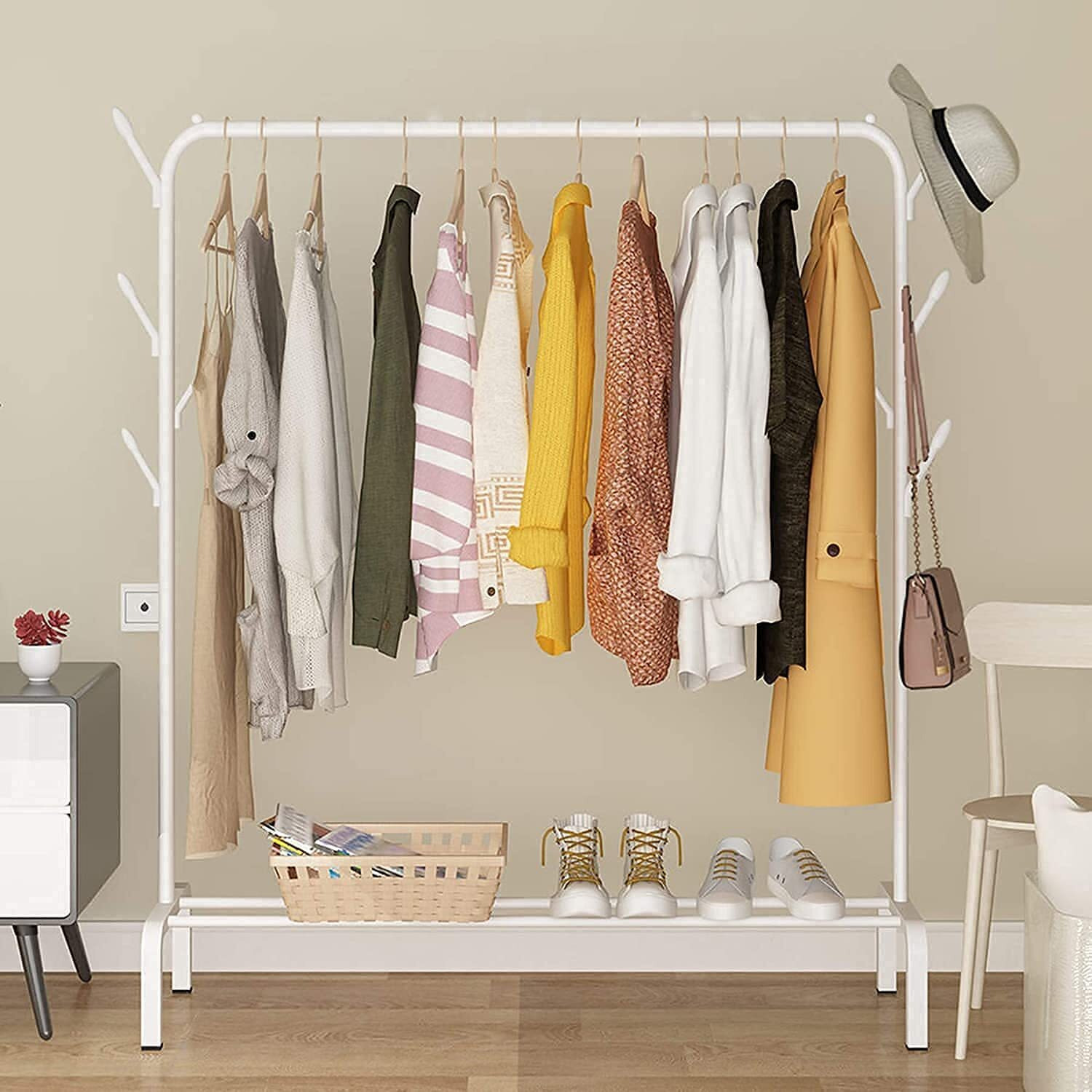 Lukzer Metal Single Garment Stand With Bottom Shelves Clothes Storage Organizer 4 Hooks Coat Rack (White, 40 X 110 X 148 Cm/Mgs-001)