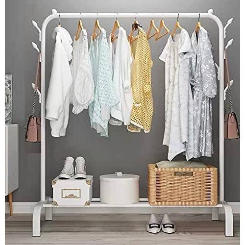 Lukzer Metal Single Garment Stand With Bottom Shelves Clothes Storage Organizer 4 Hooks Coat Rack (White, 40 X 110 X 148 Cm/Mgs-001)