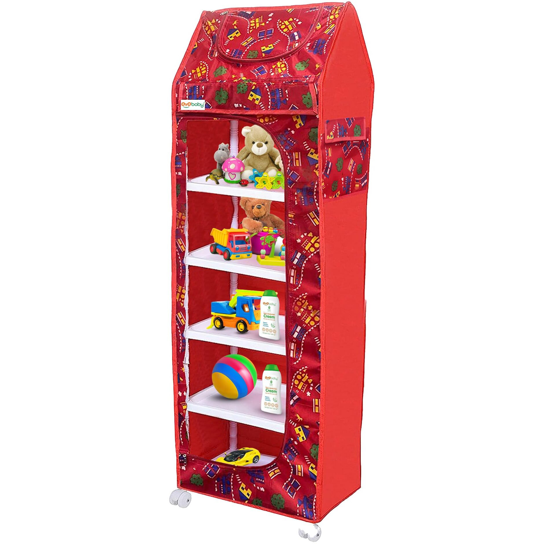 Oyo Baby Almirah For Clothes, Plastic Wardrobe For Clothes & Toys, Multipurpose Collapsible Wardrobe For Kids Clothes/Toy/Book (Red) (Shelves - 6)